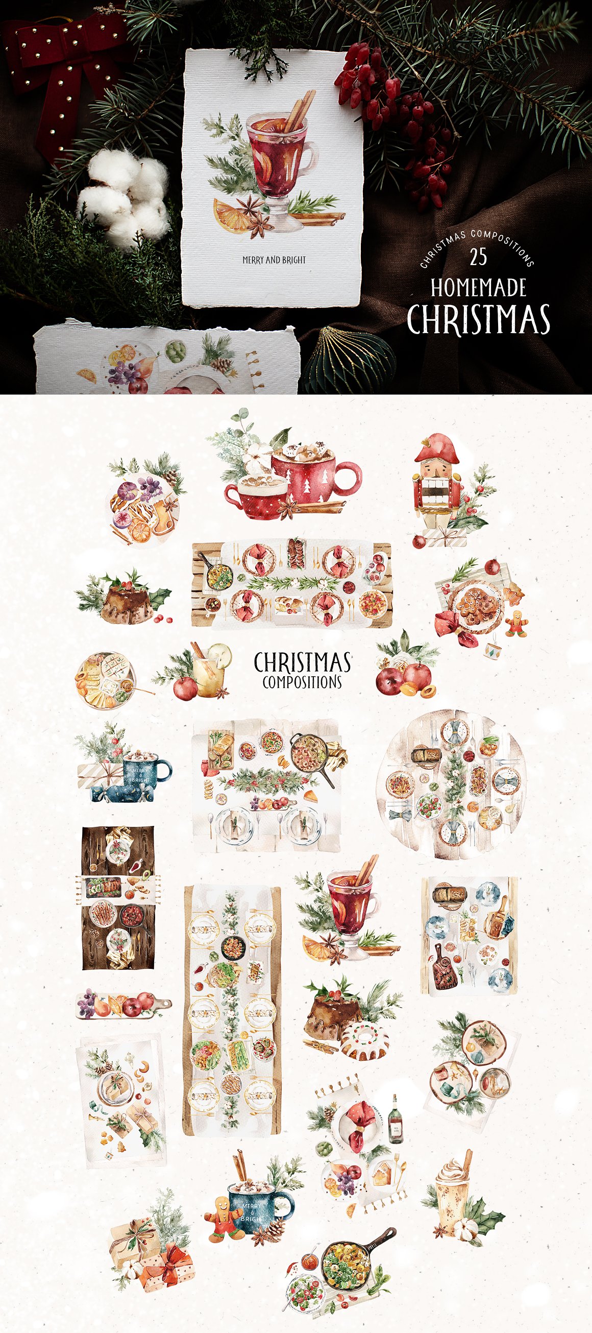 White lettering "Homemade Christmas" and a set of 25 different christmas compositions on a white background.