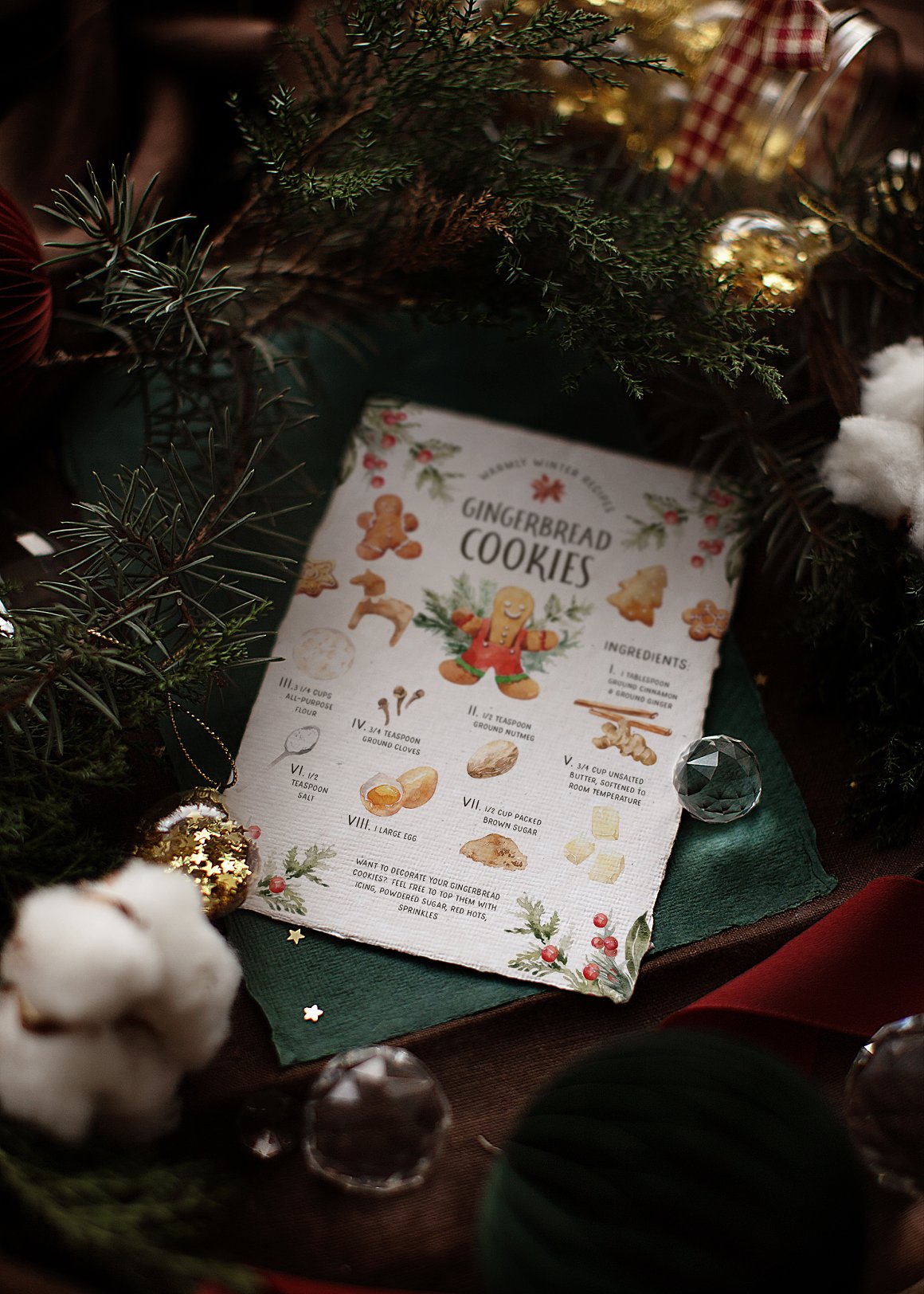 A white card with black lettering "Gingerbread cookies" and gingerbread cookies recipe.