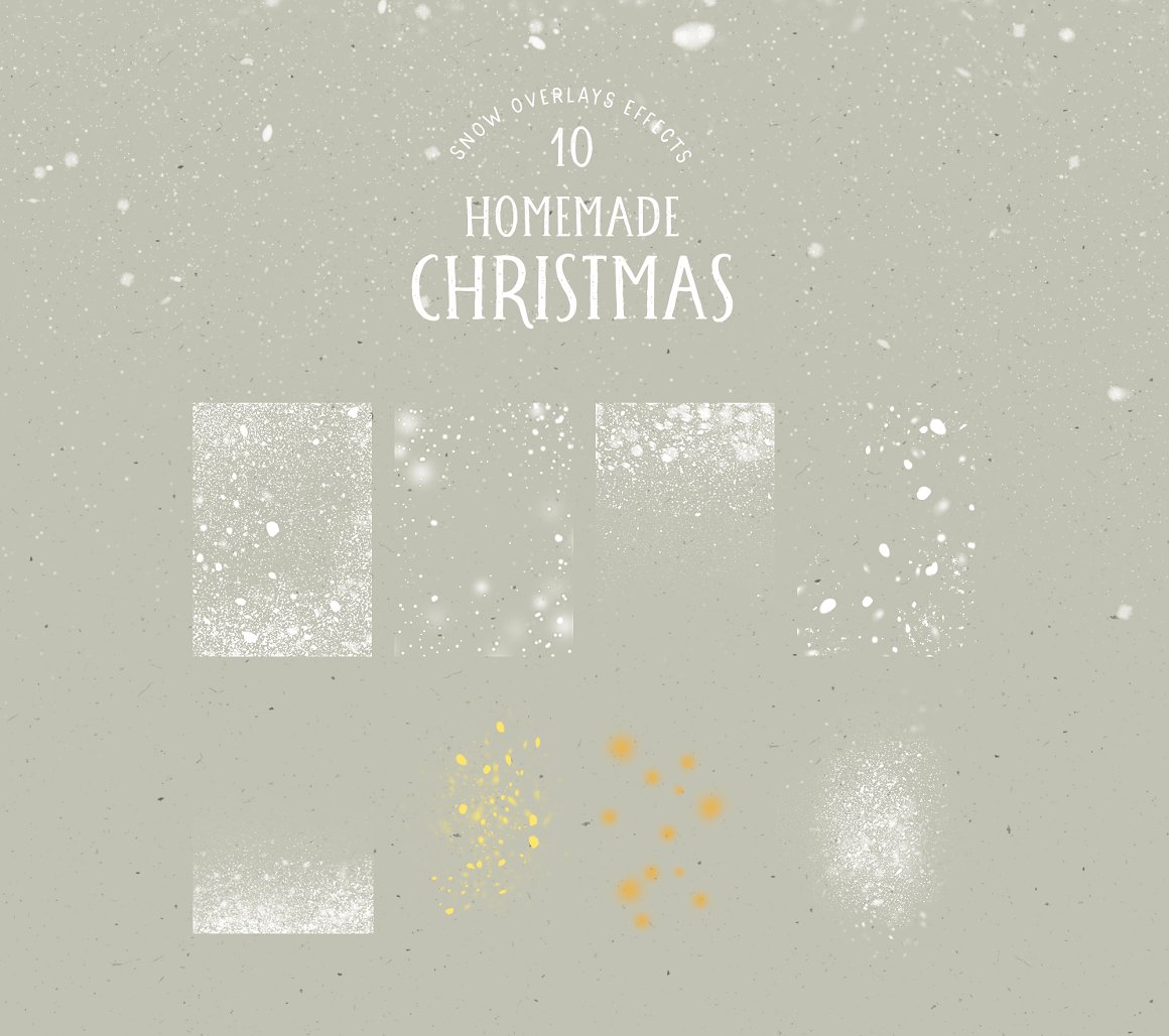 White lettering "Homemade Christmas" and a set of 8 different snow overlay effect on a black background.