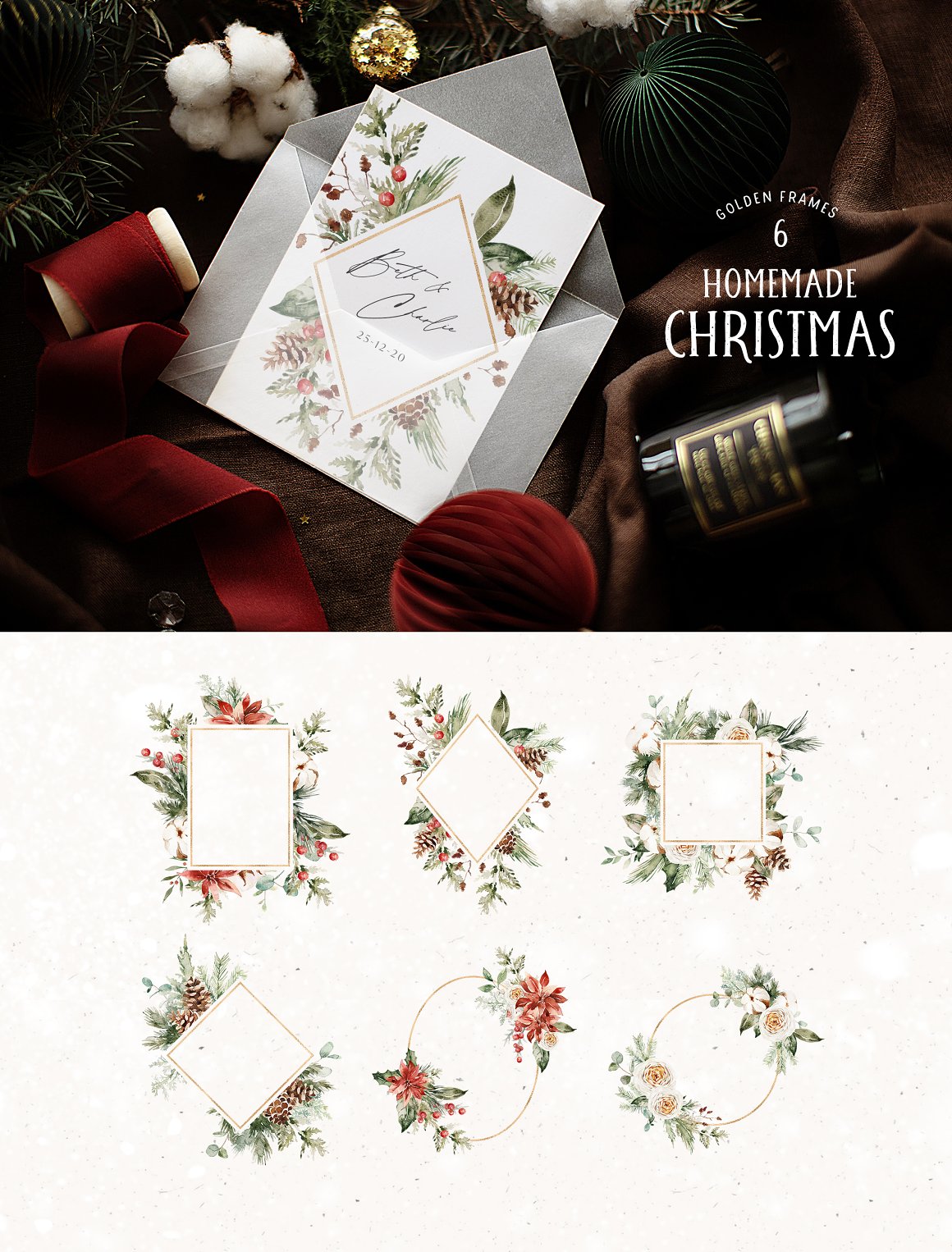 White lettering "Homemade Christmas" and a set of 6 different golden frames on a white background.