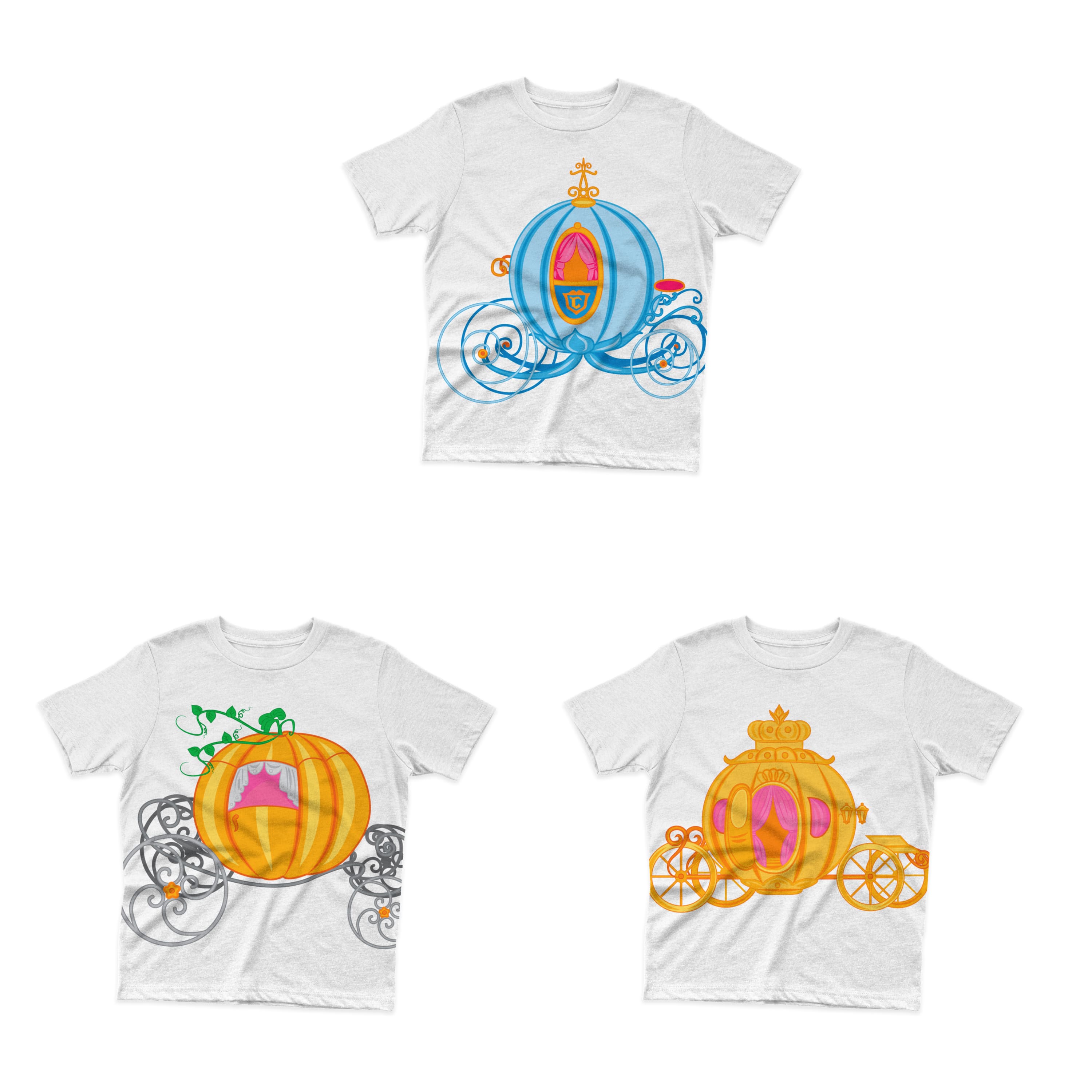 A pack of images of T-shirts with an enchanting print of Cinderella's carriage.
