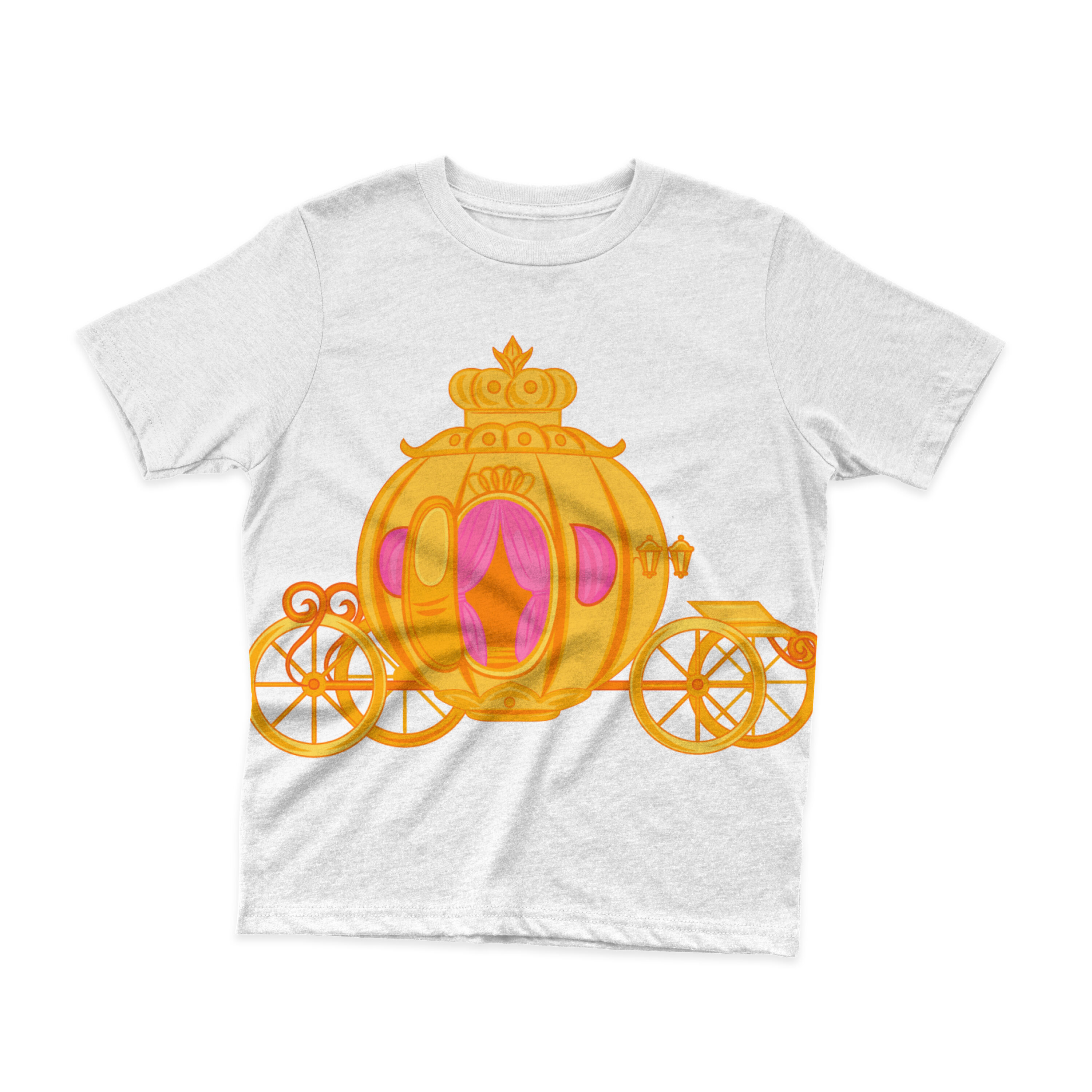 Image of a white t-shirt with a colorful Cinderella carriage print.