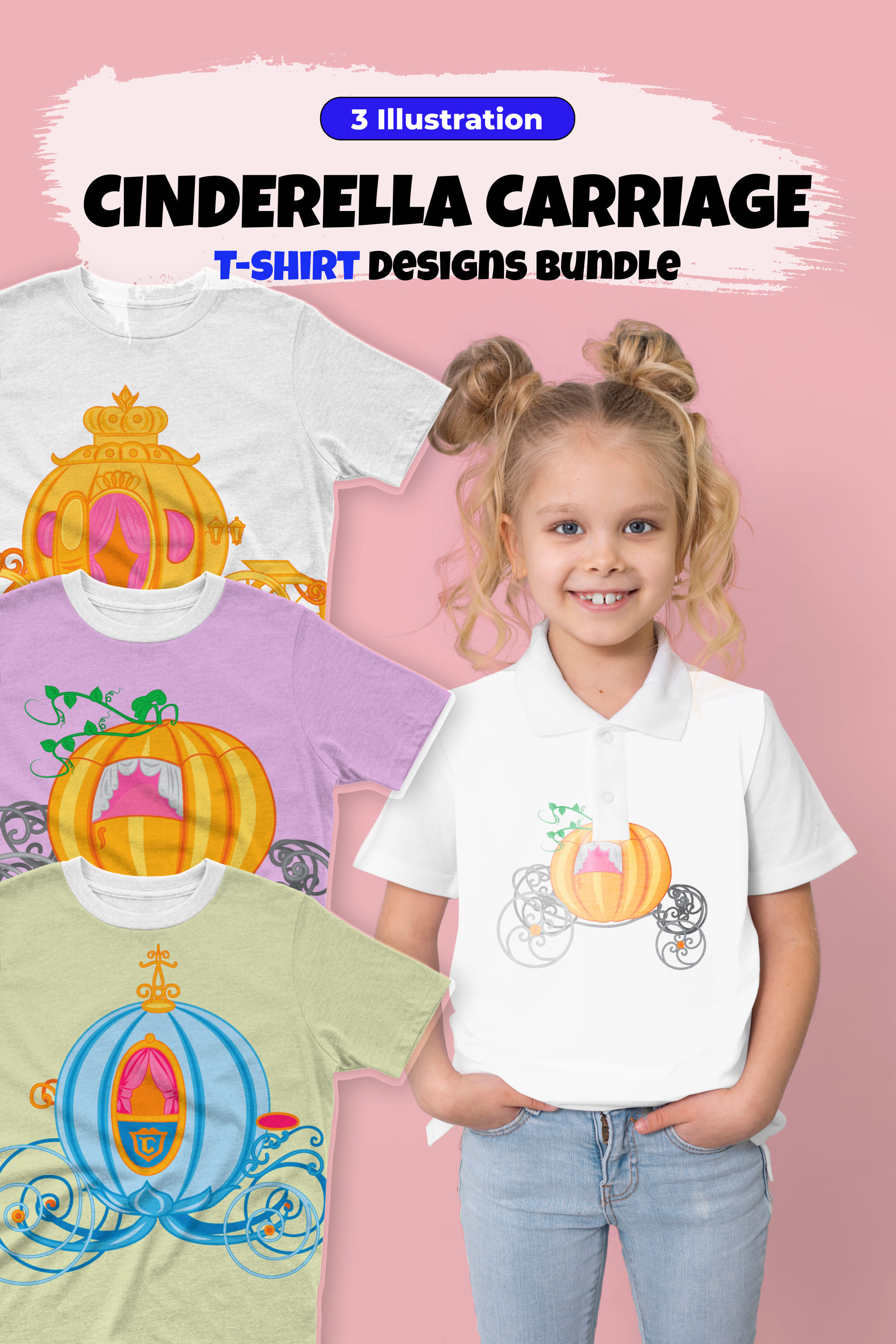 Set of T-shirt images with irresistible Cinderella's carriage print.