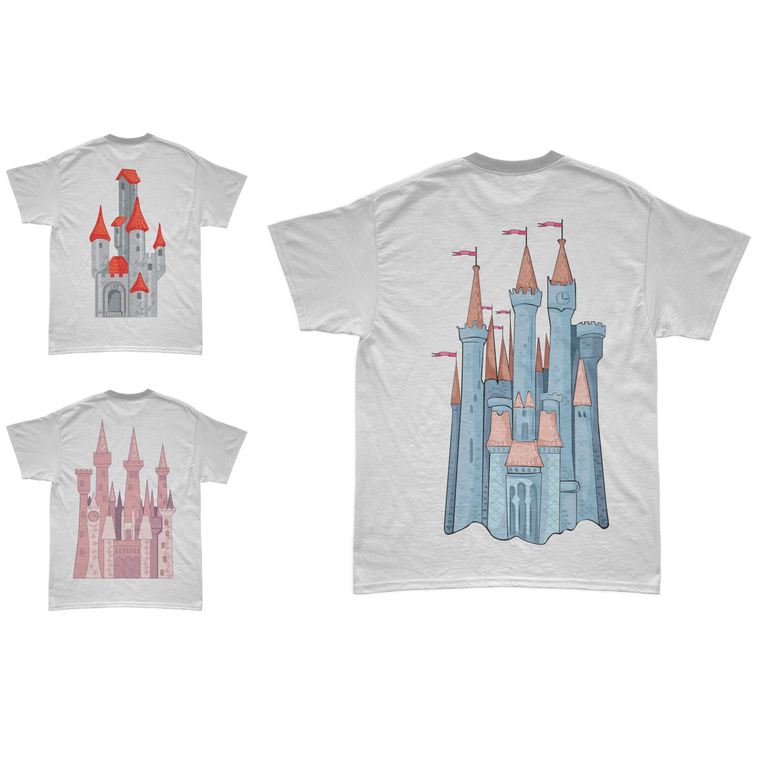 Collection of images of T-shirts with gorgeous print of Cinderella's castle.