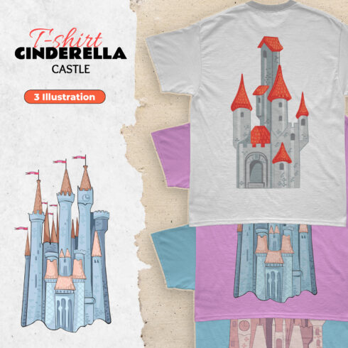 A selection of images of t-shirts with an adorable print of Cinderella's castle.