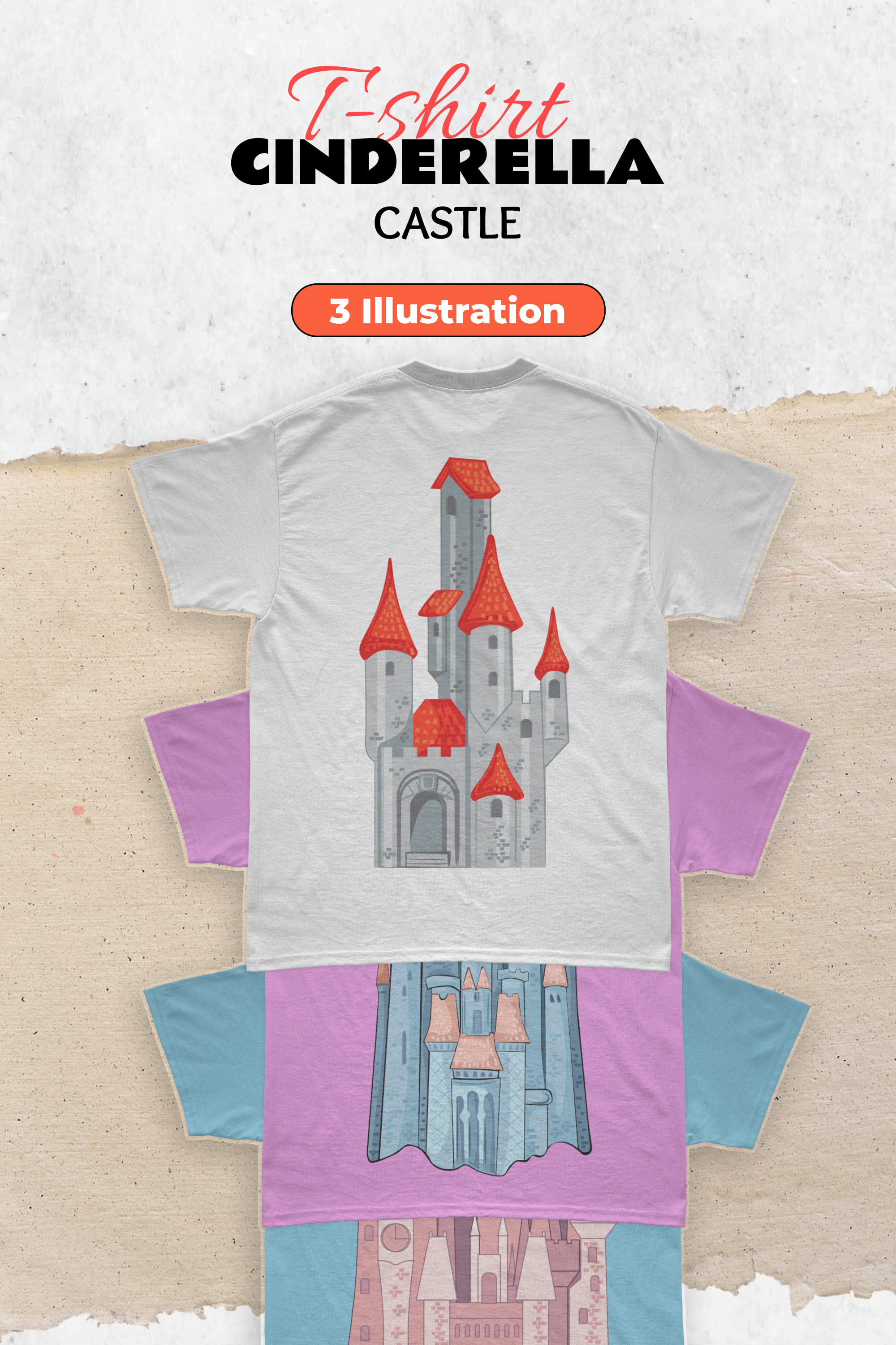 A set of T-shirt images with a beautiful print of Cinderella's castle.