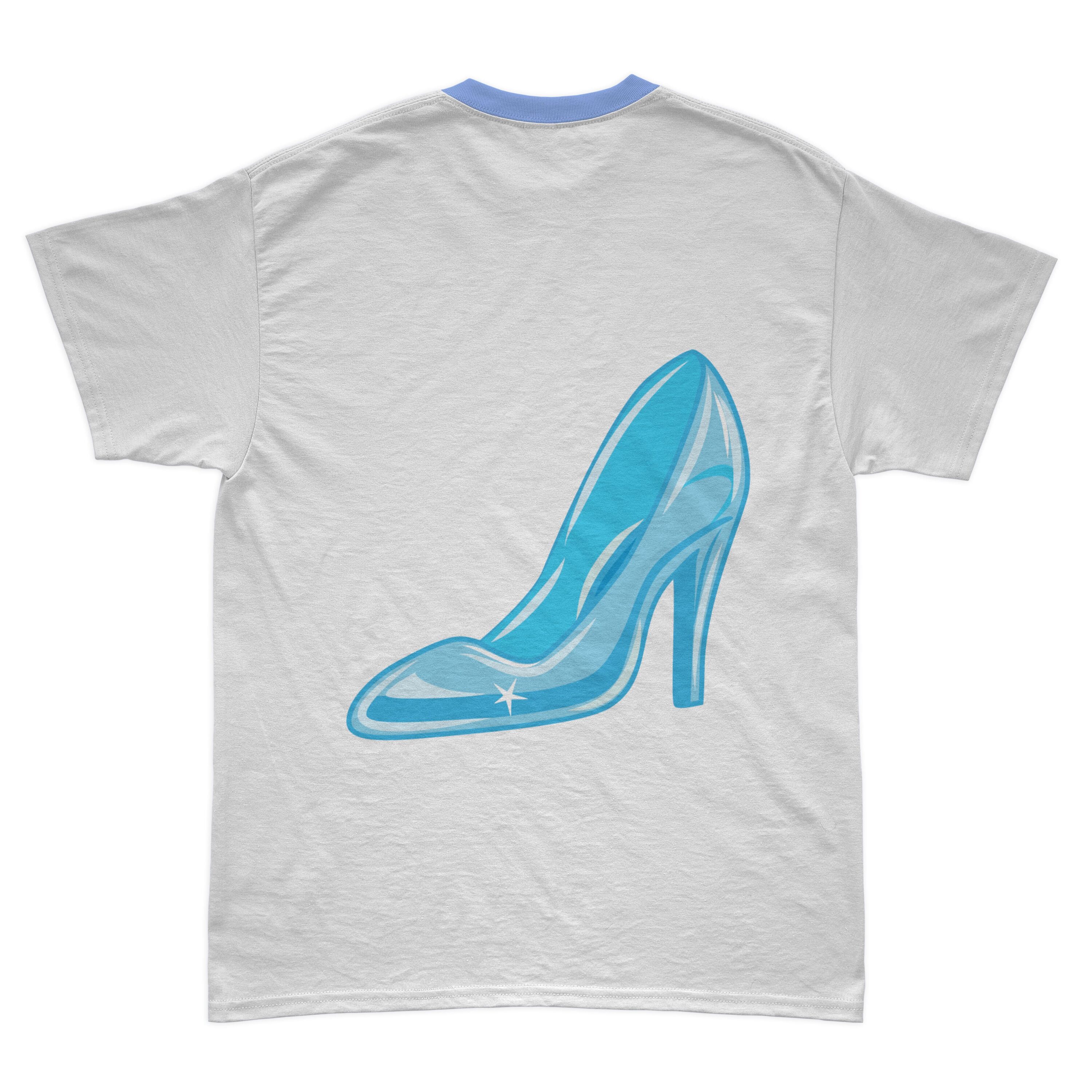 Image of a white t-shirt with an adorable print of Cinderella's shoe.