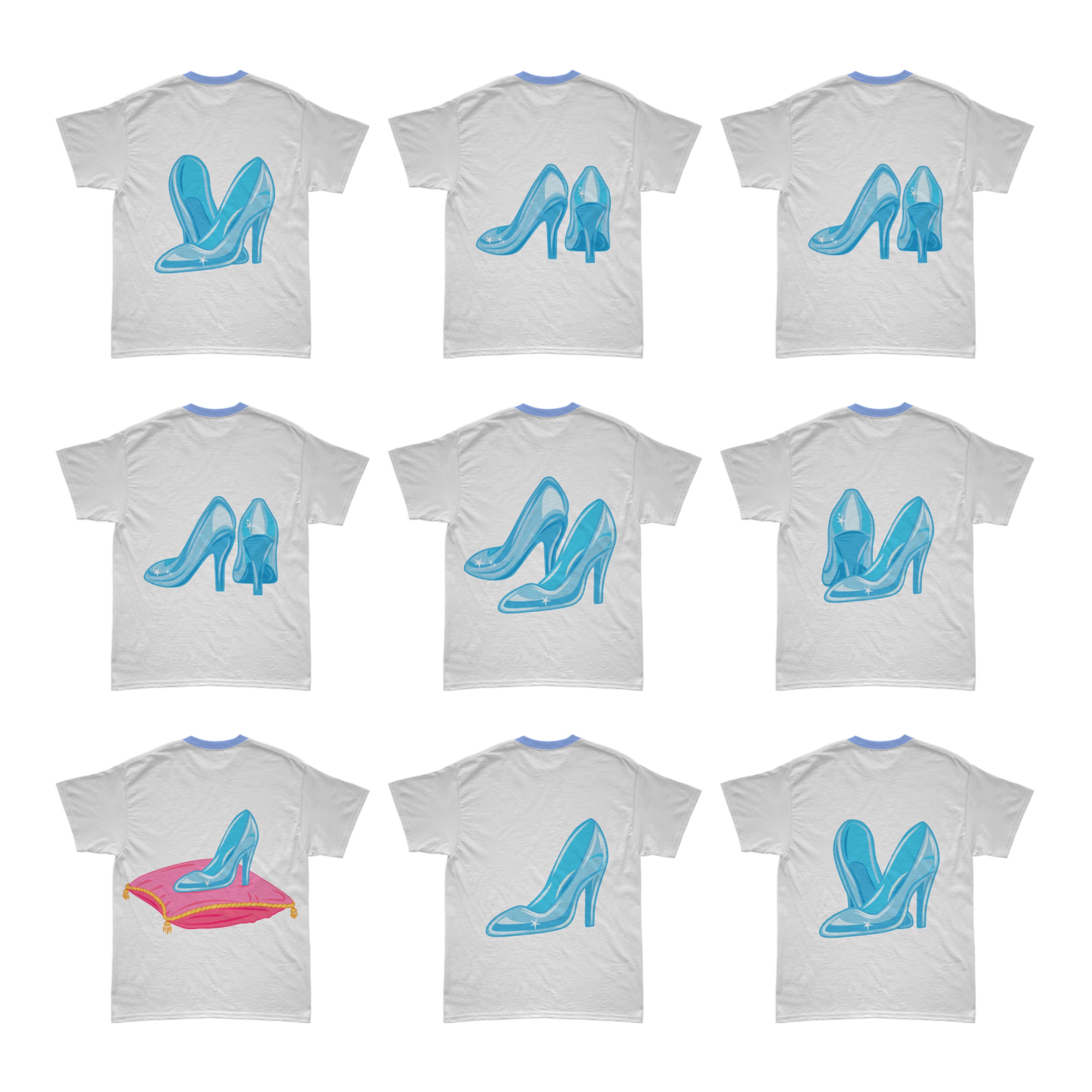 Bundle of white T-shirts with a gorgeous print of Cinderella's blue shoes.