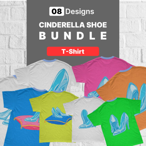 A selection of images of T-shirts with an adorable print of Cinderella's blue shoes.