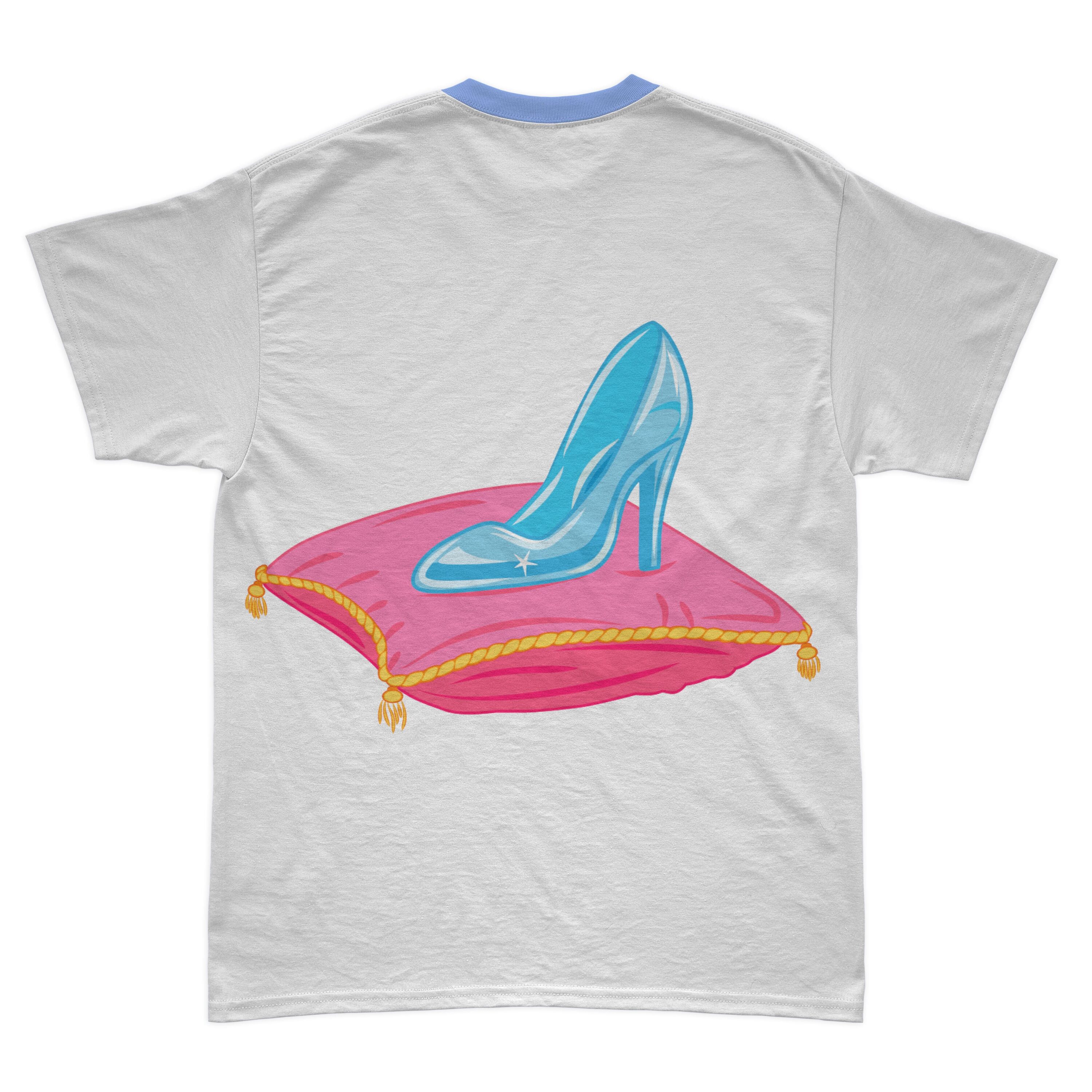 Picture of a white t-shirt with a cartoon print of Cinderella's shoe.