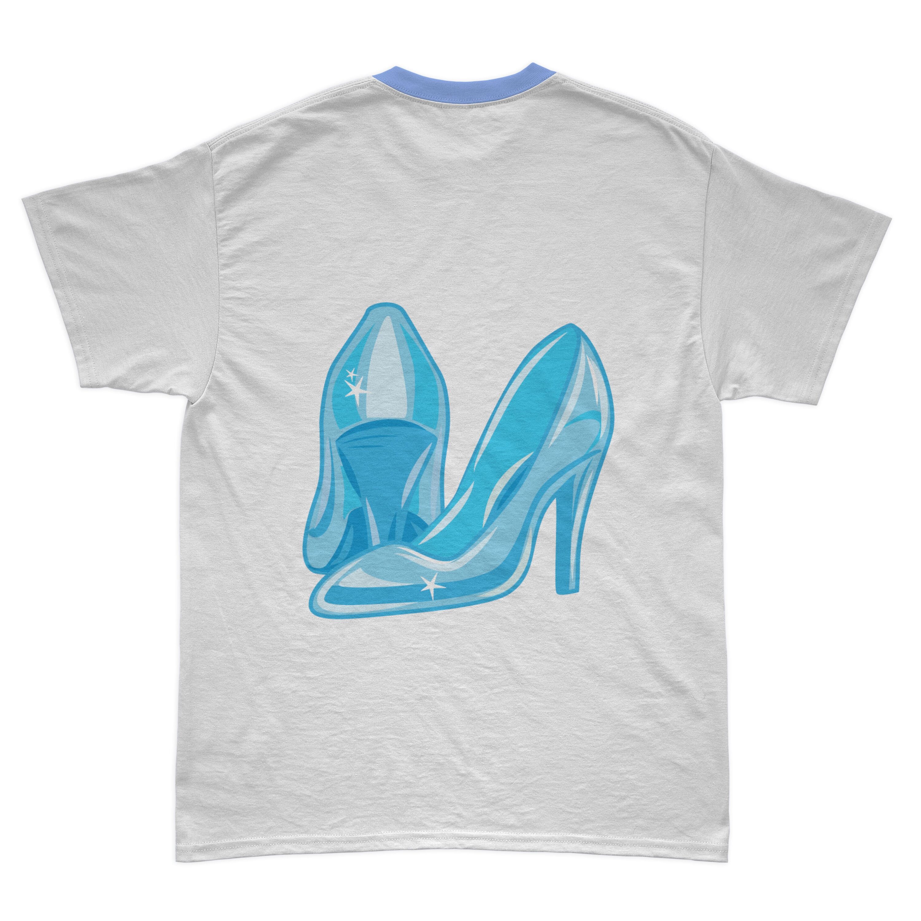 Image of a white t-shirt with a colorful print of Cinderella's shoes.