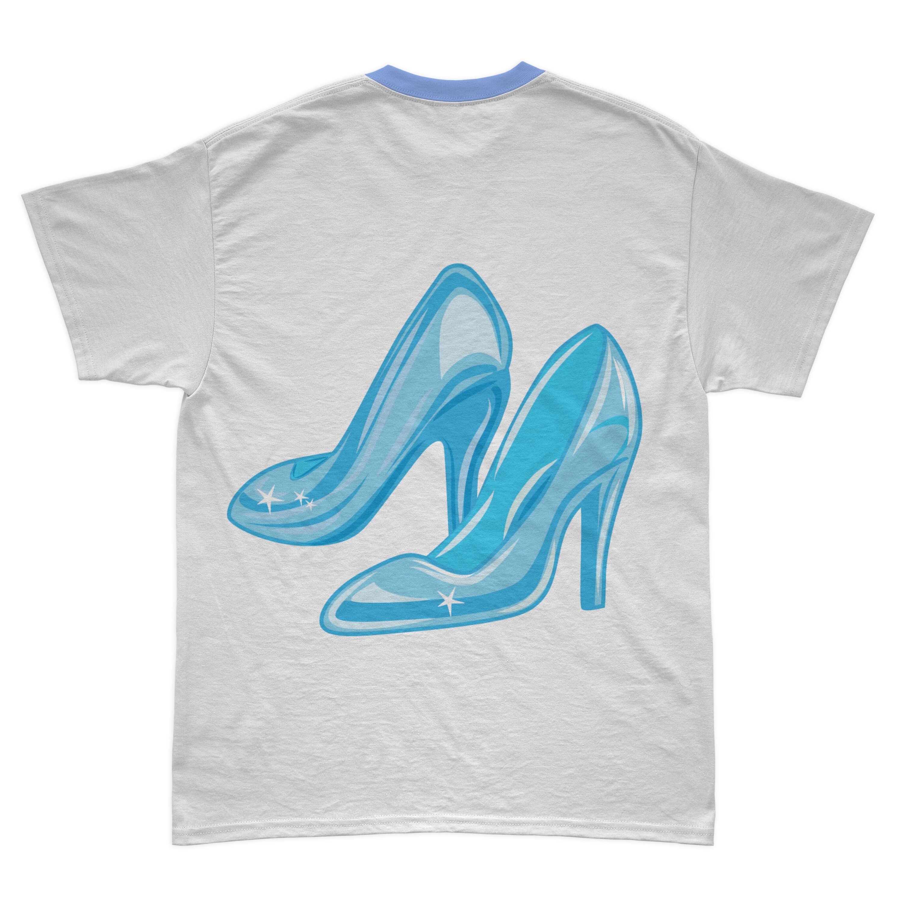 Picture of a white t-shirt with a cute print of Cinderella's crystal shoes.