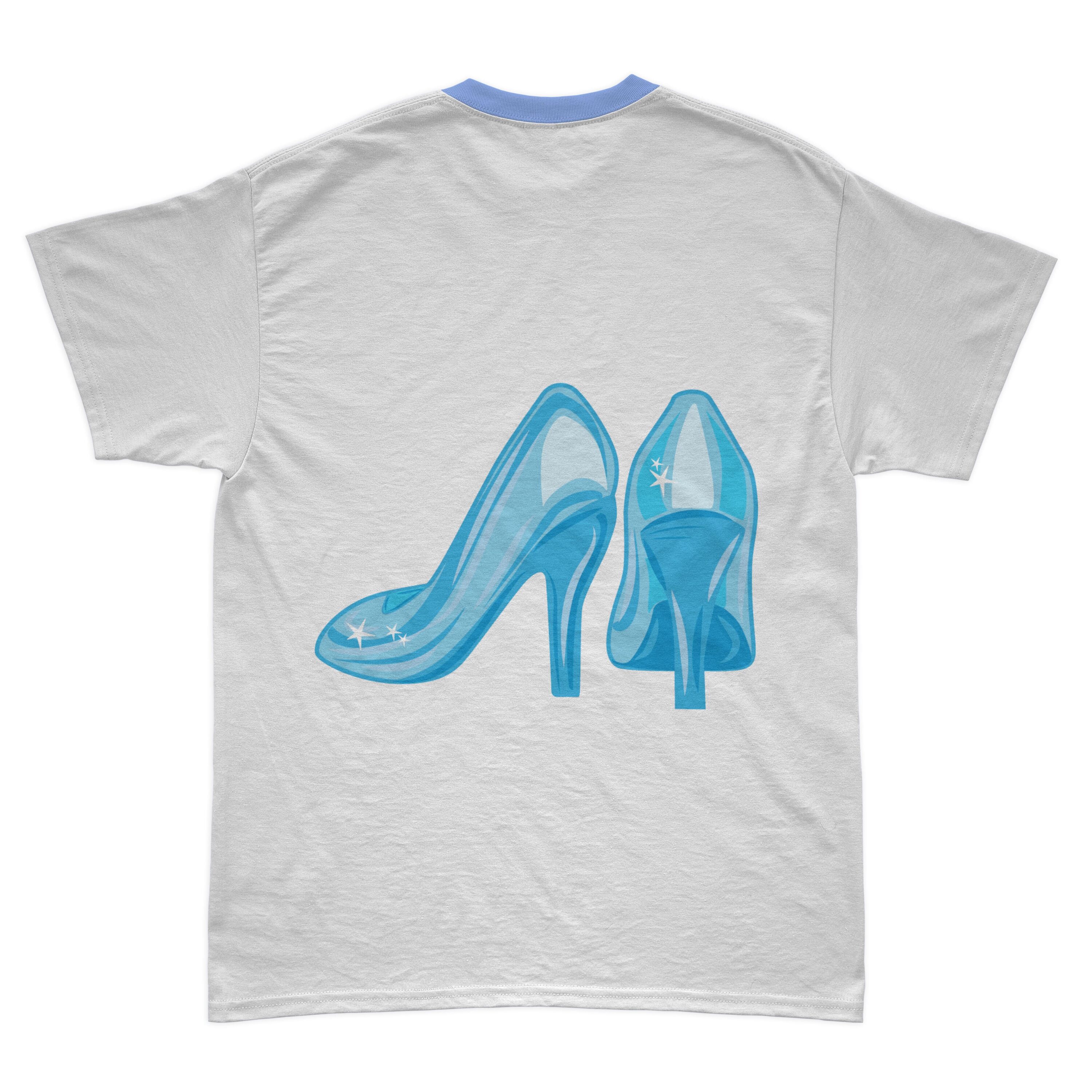 Image of a white t-shirt with an irresistible print of Cinderella's crystal shoes.
