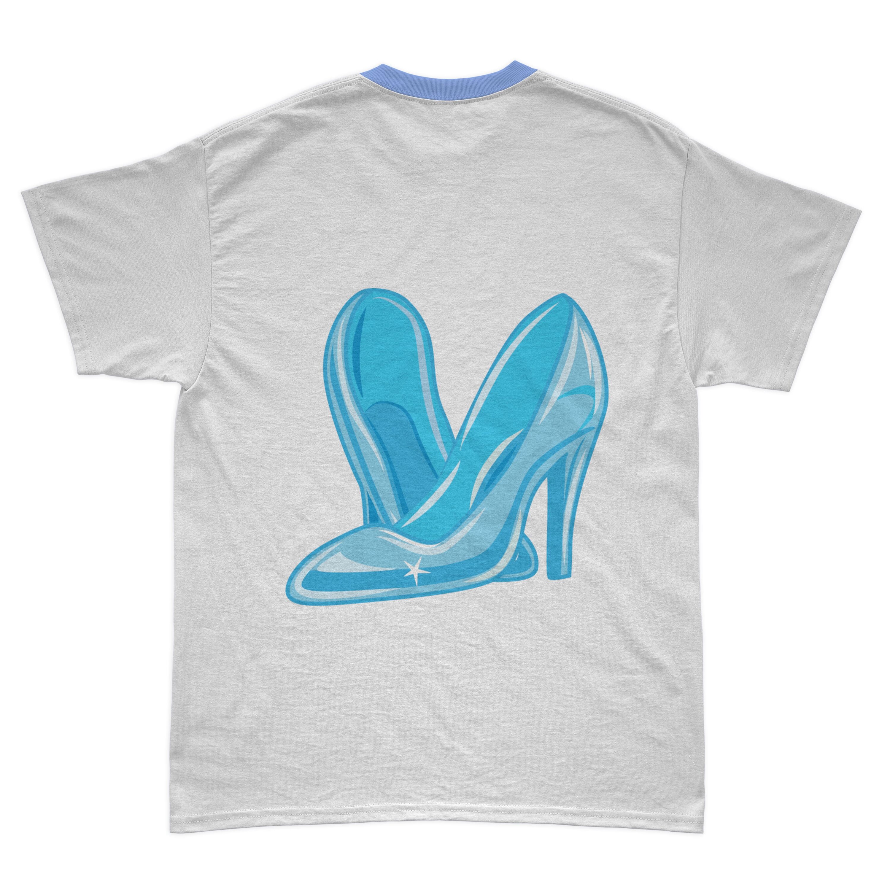 Image of a white t-shirt with an amazing print of Cinderella's blue shoes.