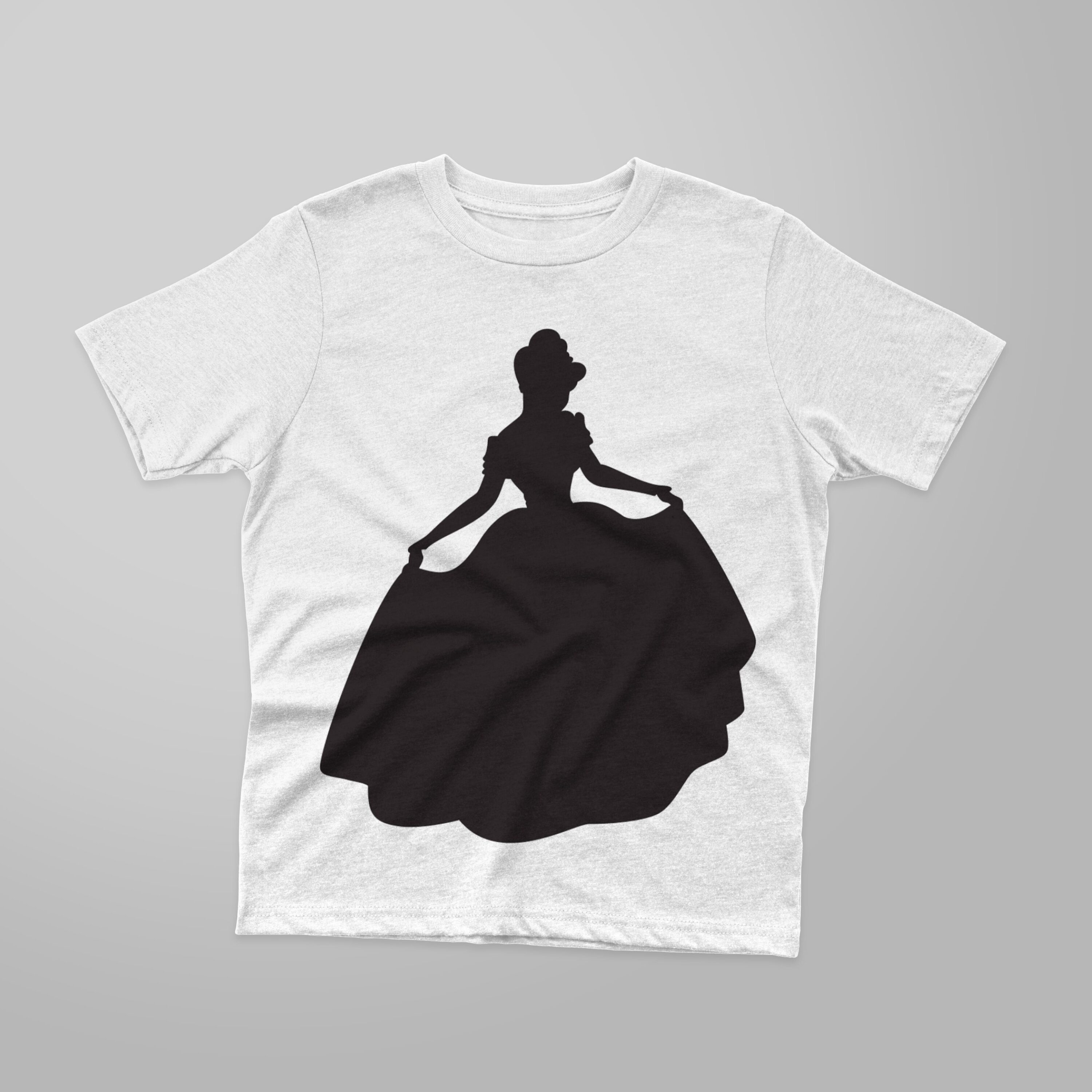 Image of a white t-shirt with an adorable print of the Cinderella silhouette.