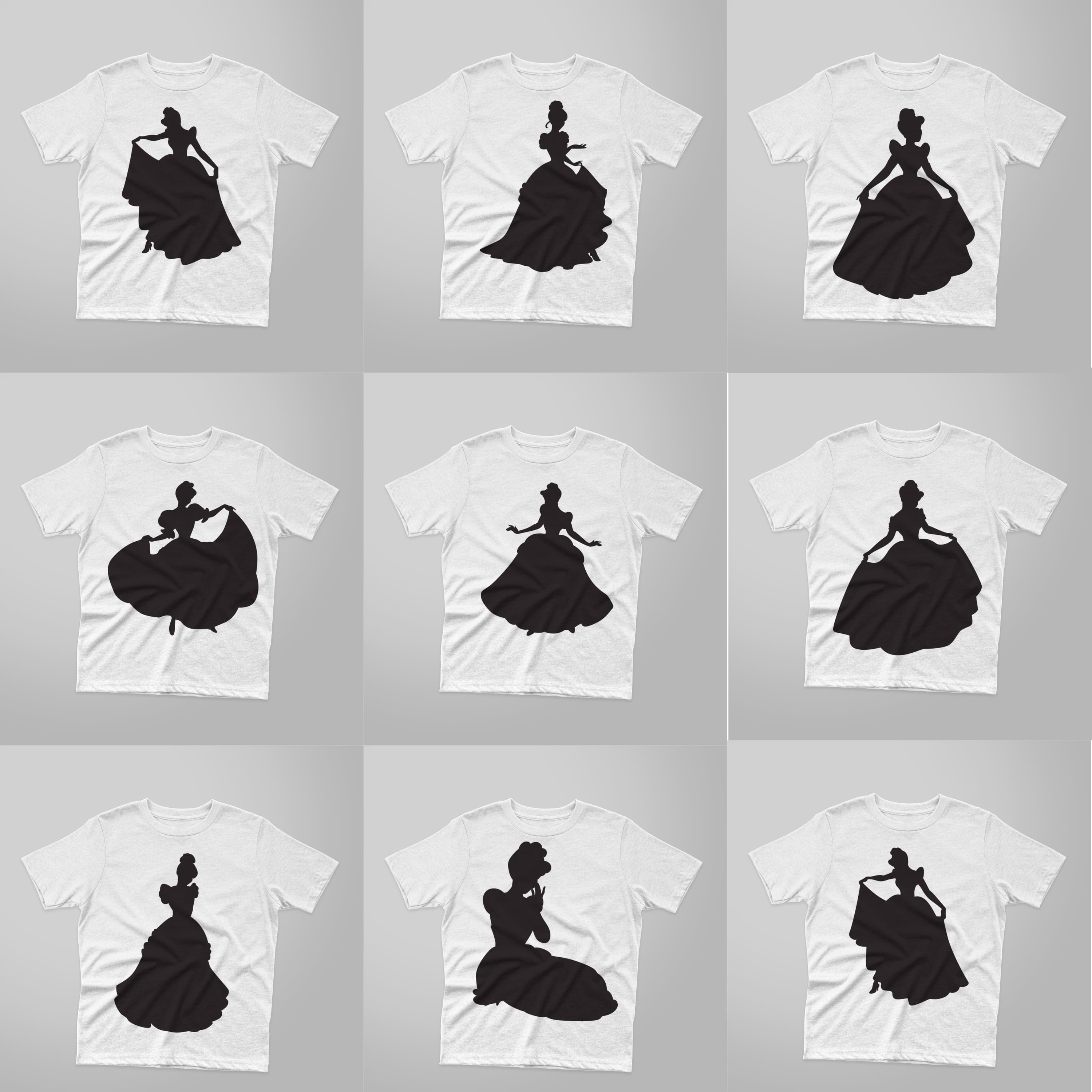 Collection of images of t-shirts with a beautiful print of the Cinderella silhouette.