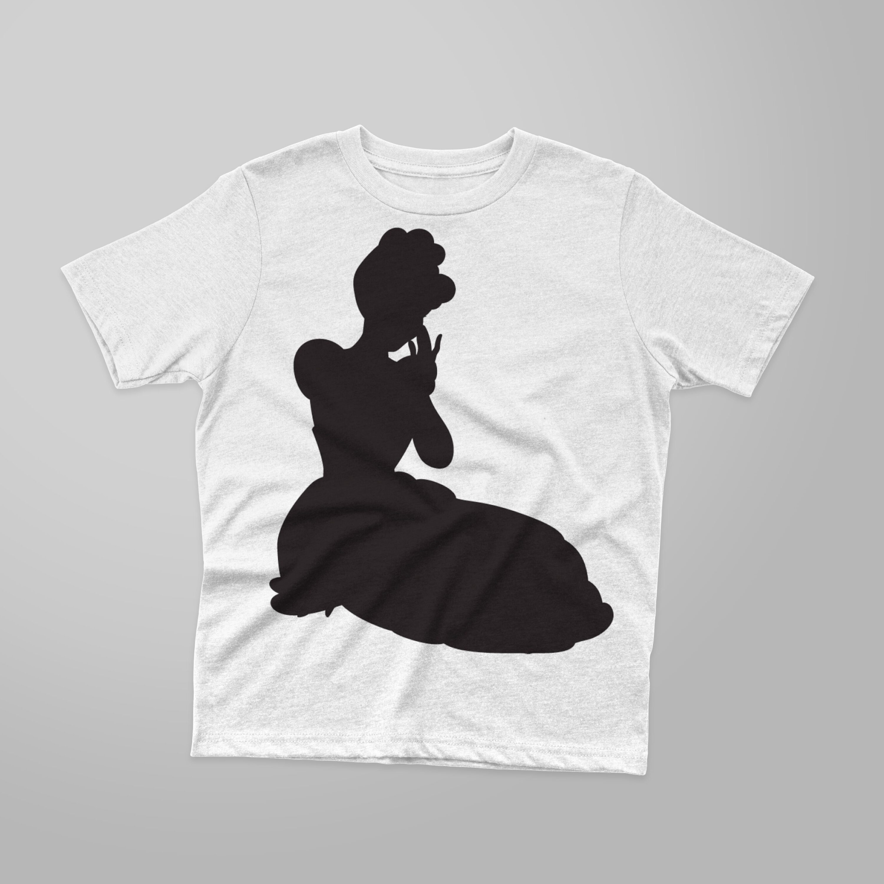 Image of a white t-shirt with an amazing print of the Cinderella silhouette.