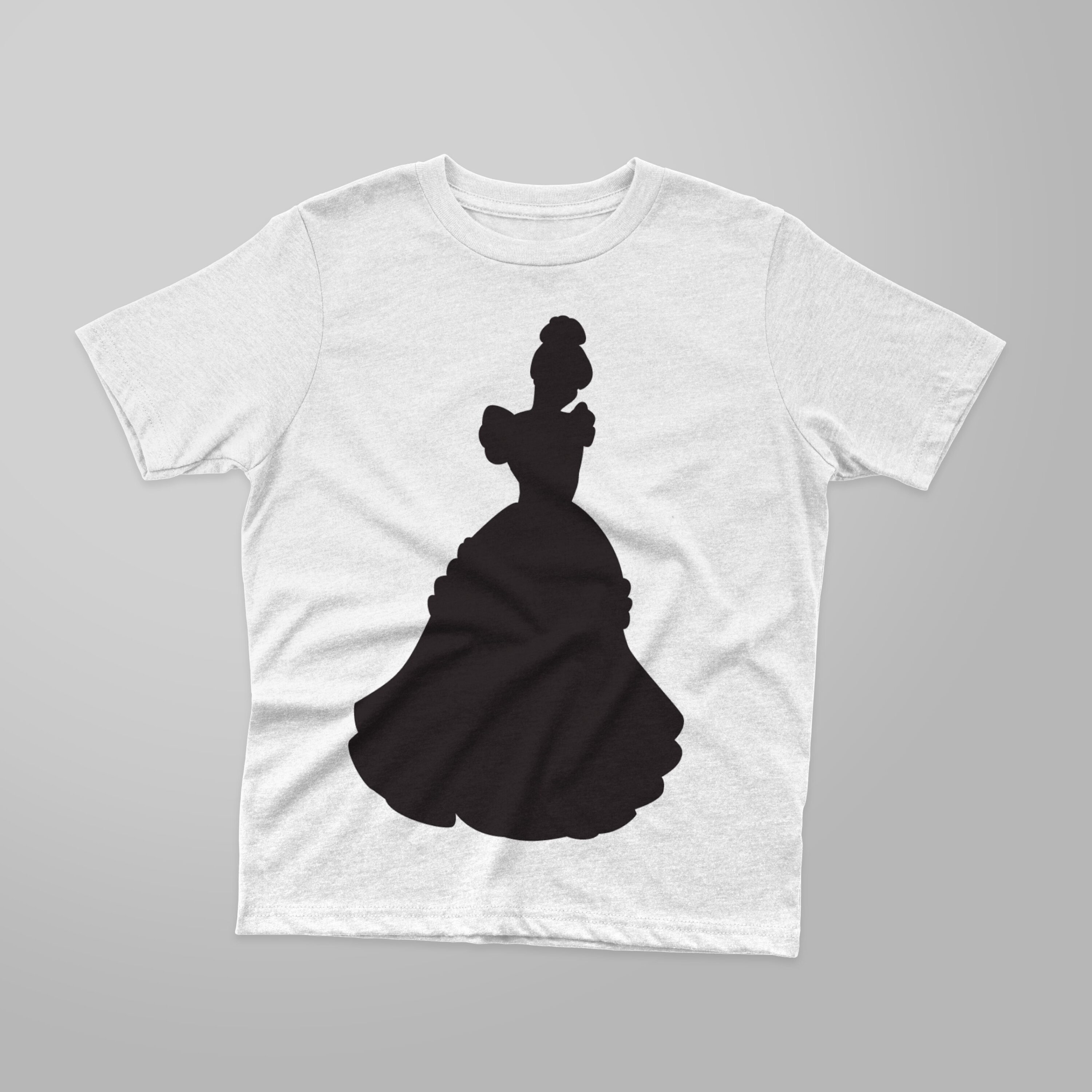 Image of a white t-shirt with an enchanting print of the Cinderella silhouette.
