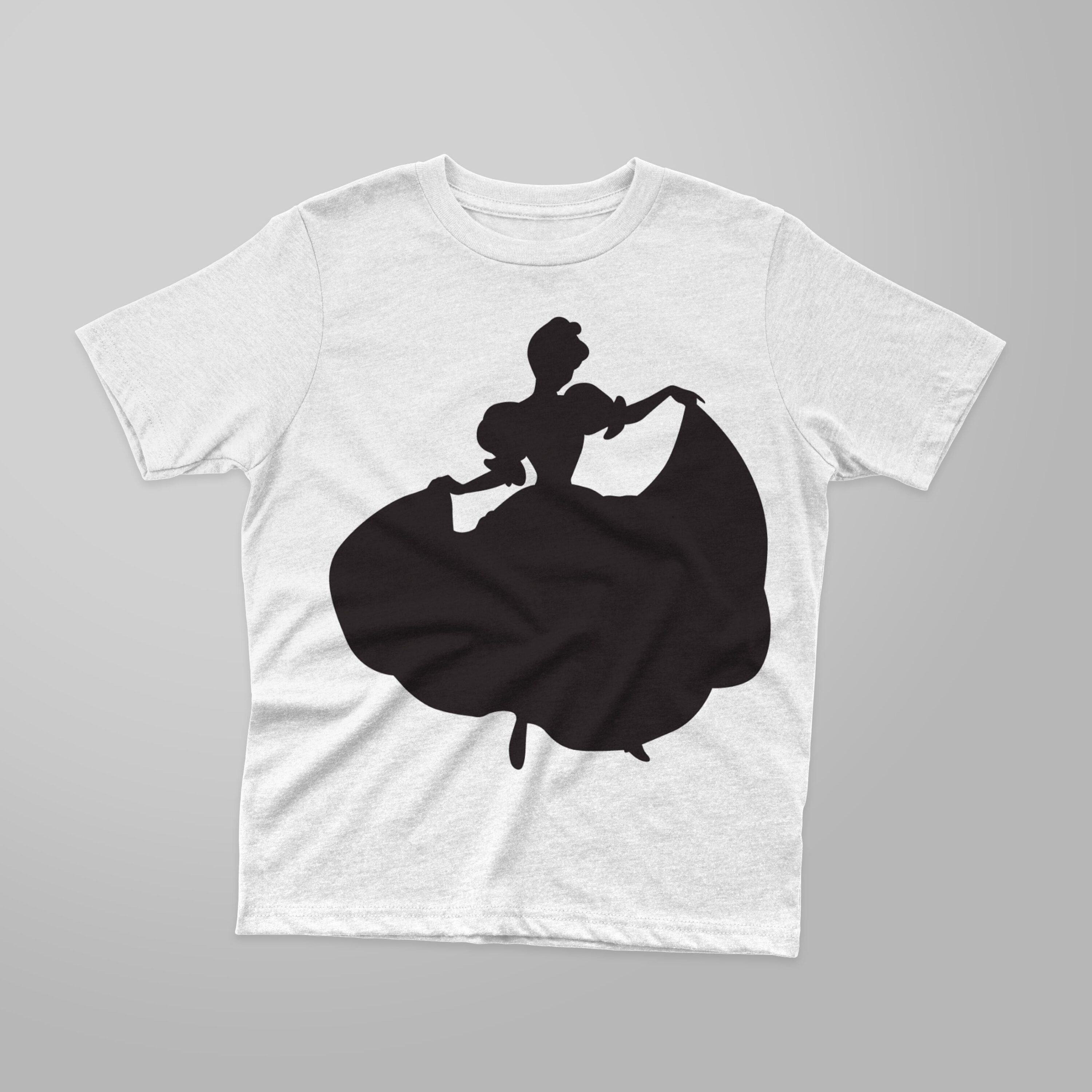 Picture of a white t-shirt with a cute Cinderella silhouette print.