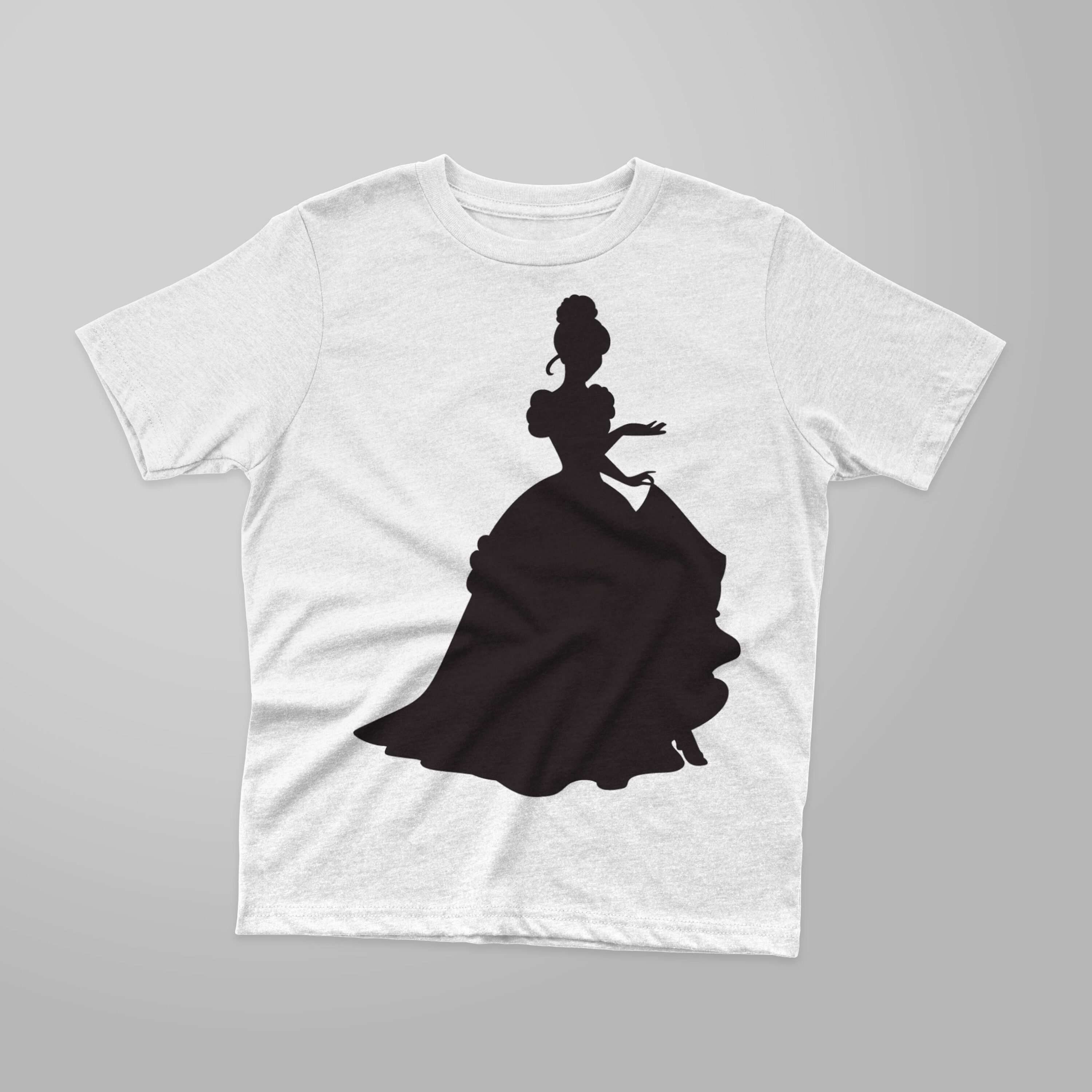 Image of a white t-shirt with a wonderful print of the Cinderella silhouette.