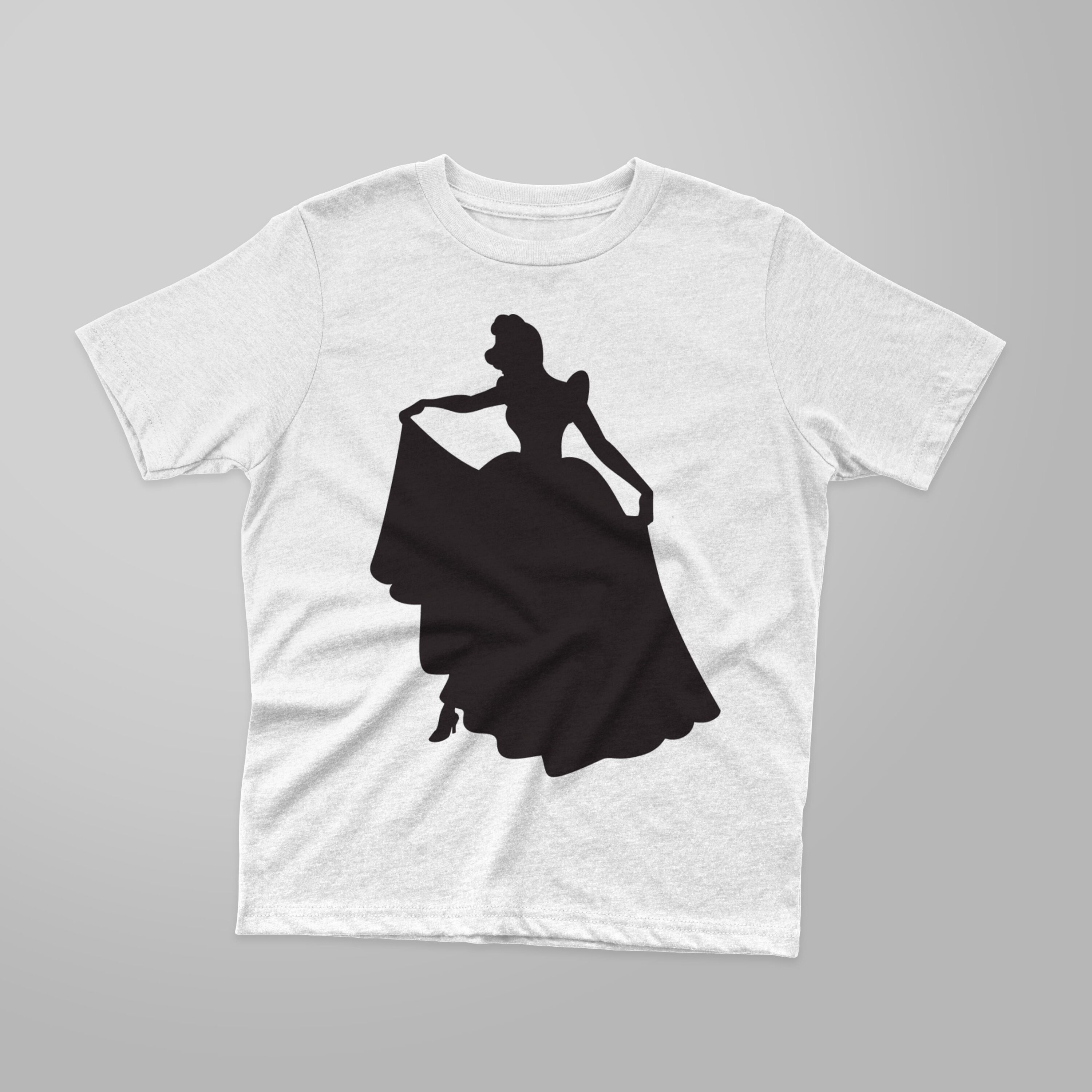 Image of a white t-shirt with a colorful Cinderella silhouette print.