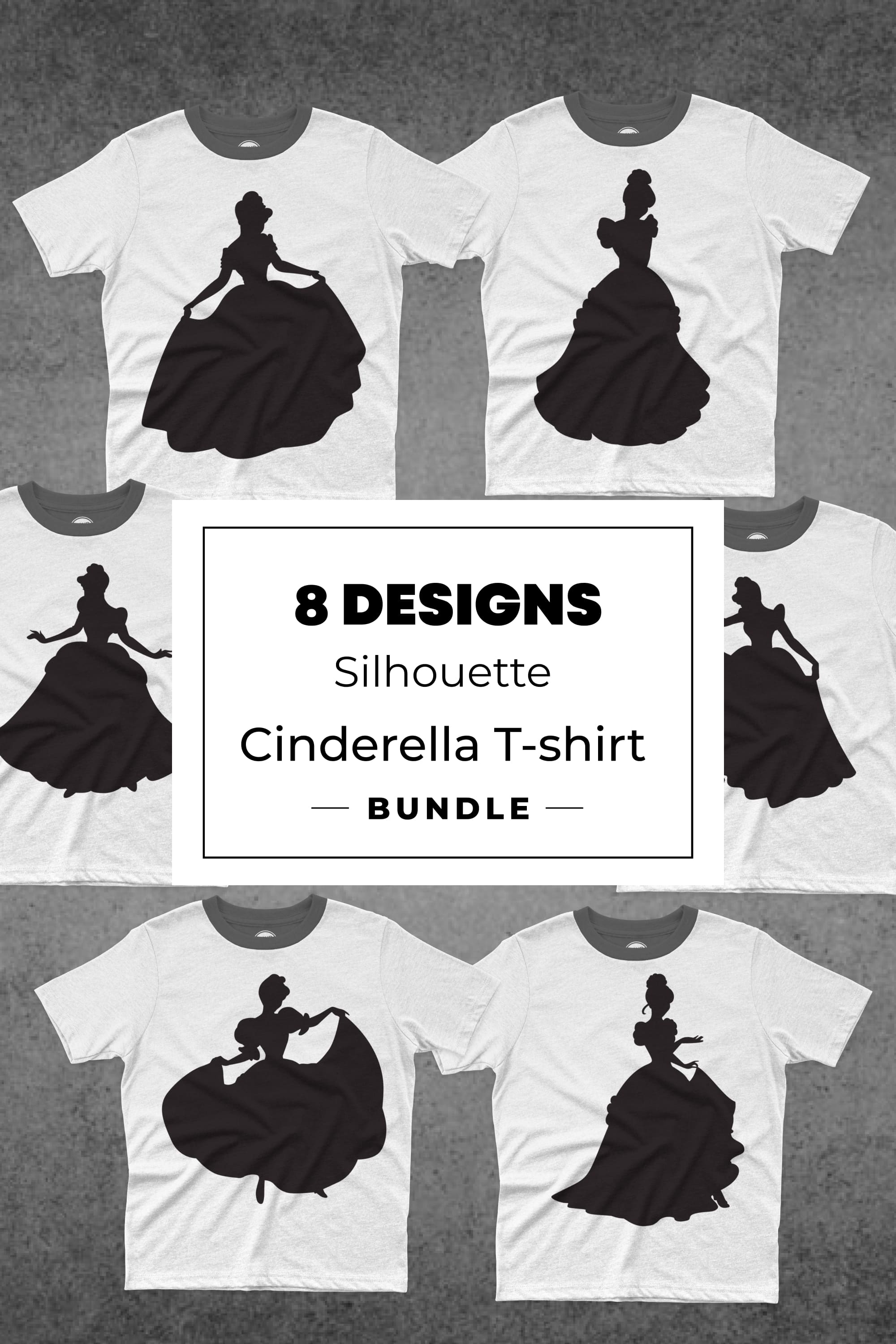A pack of images of T-shirts with a gorgeous print of the Cinderella silhouette.