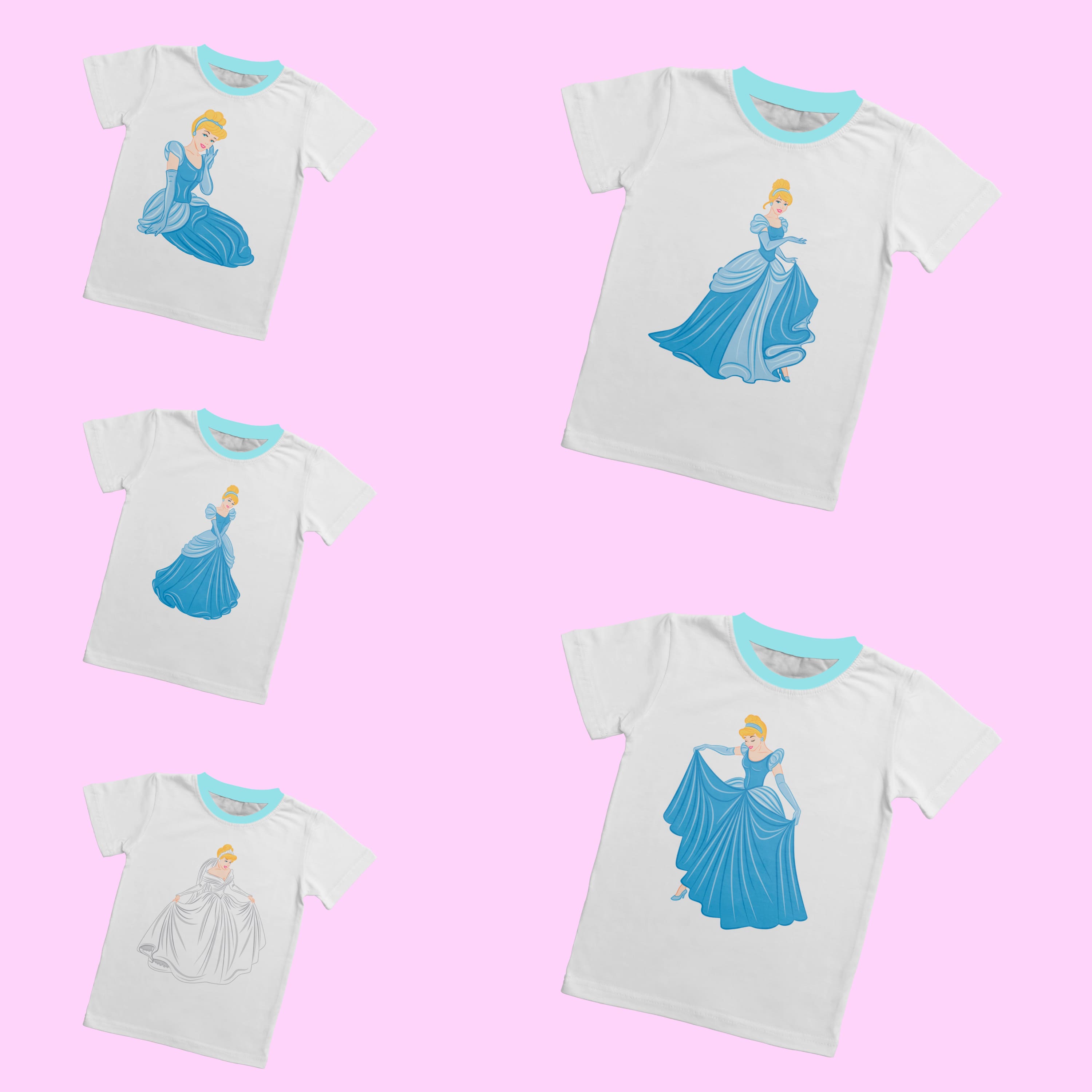 A selection of images of T-shirts with colorful Cinderella print.