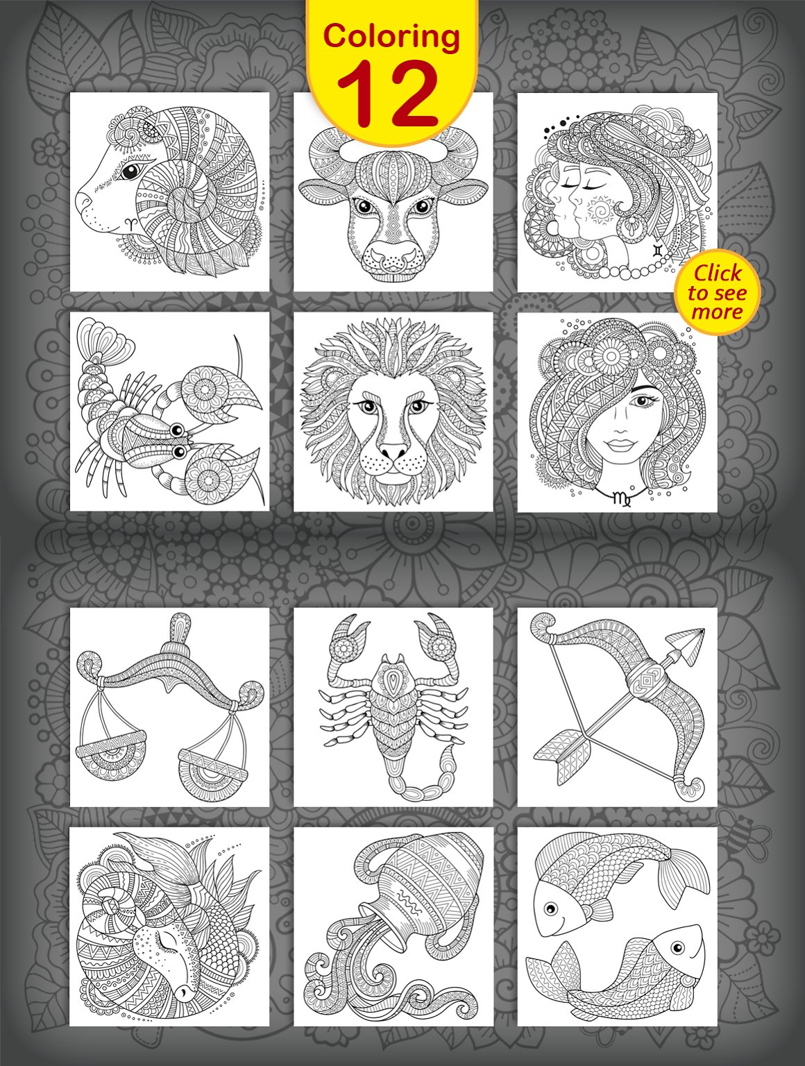 A set of 12 different gray tattoo with zodiac signs on a white background.