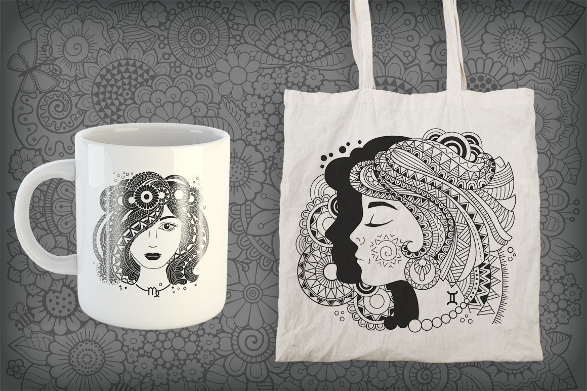 A set of a white cup and a white shopping bag with an illustration of zodiac sign - Virgo on a gray background.