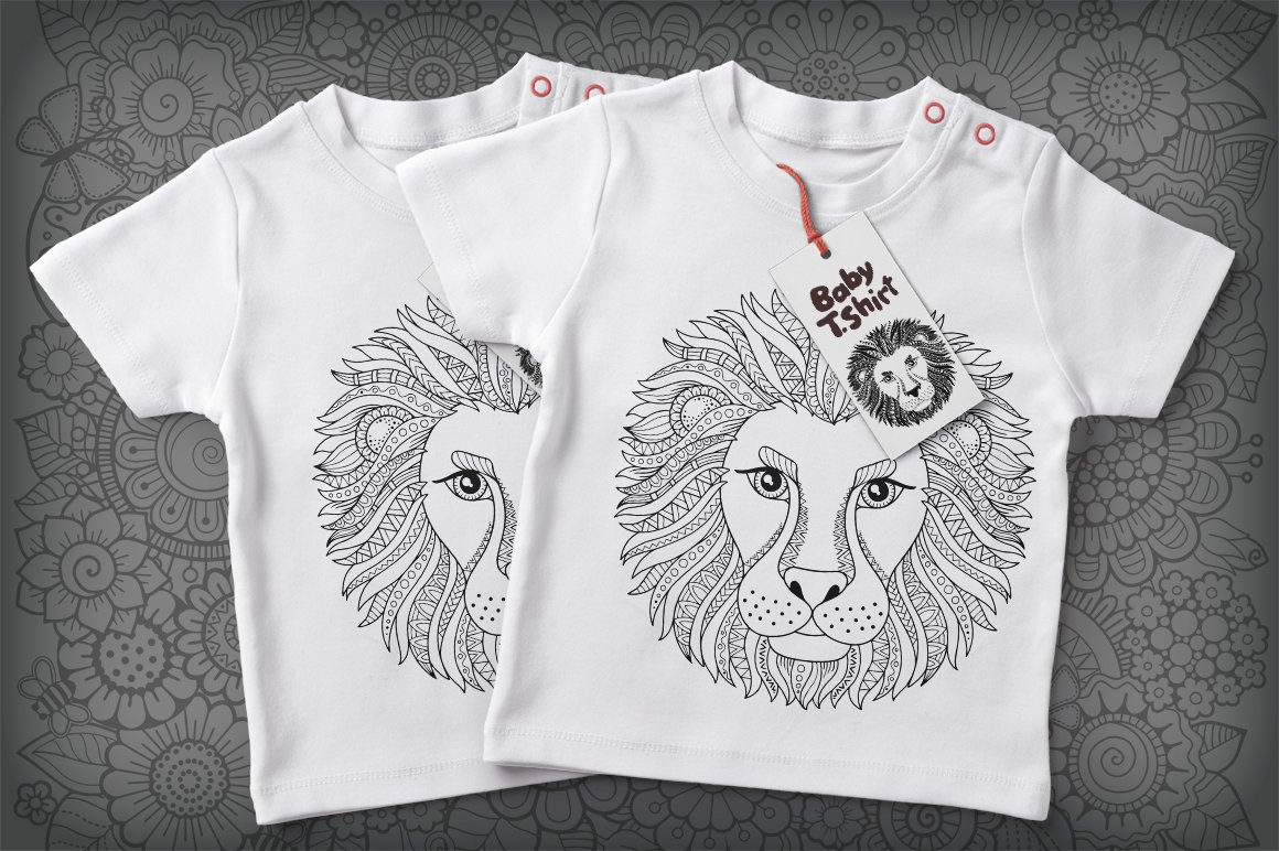 2 white baby t-shirt with an illustration of zodiac sign - lion on a gray background.