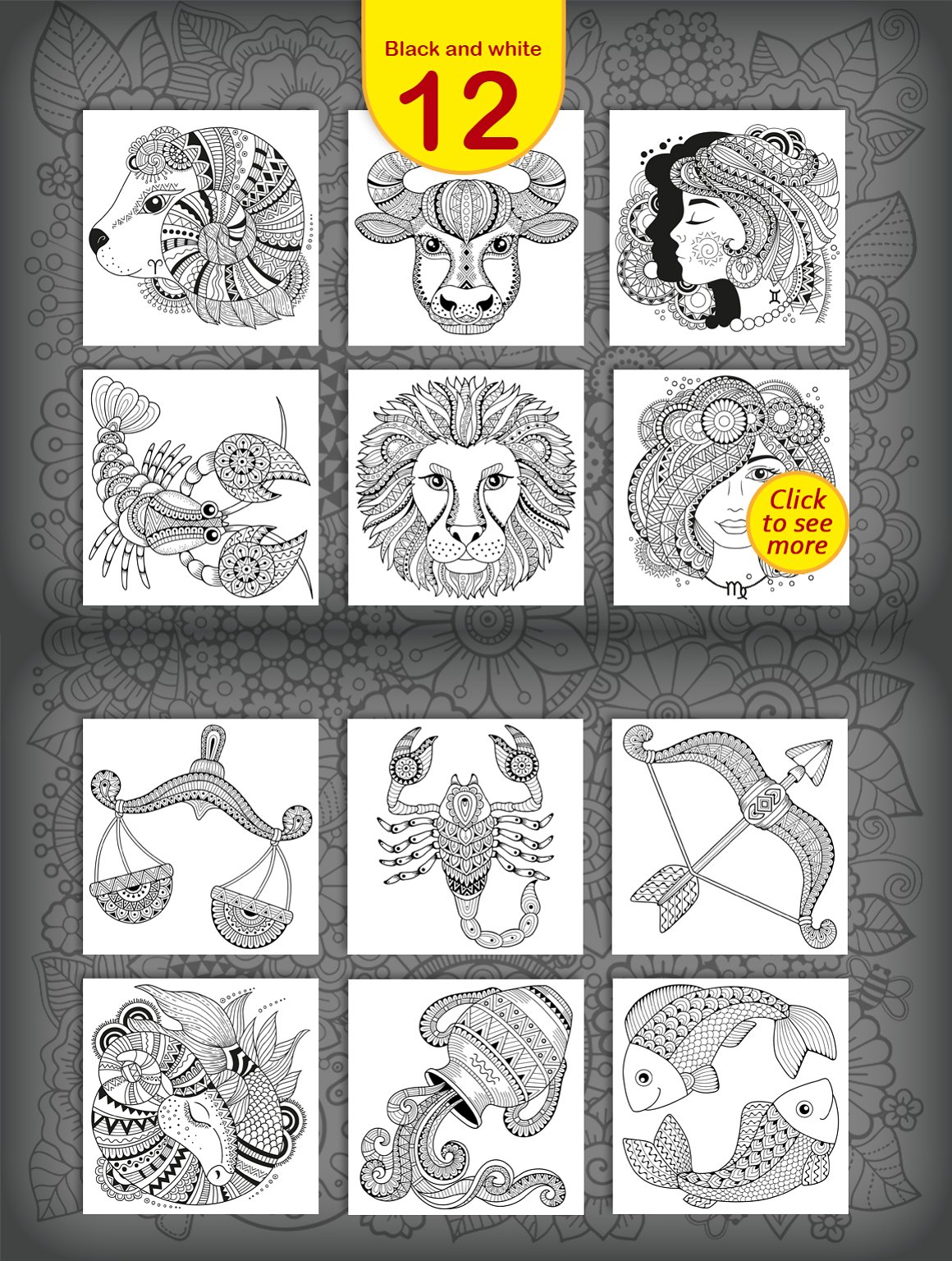 A set of 12 different gray tattoo with zodiac signs on a white background.