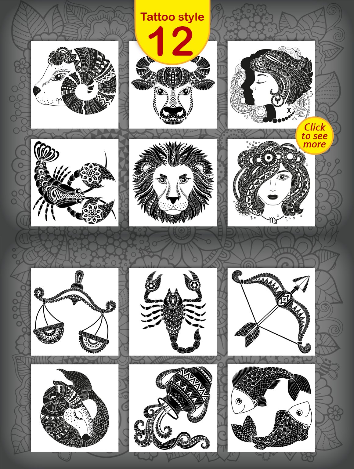 A set of 12 different black tattoo with zodiac signs on a white background.