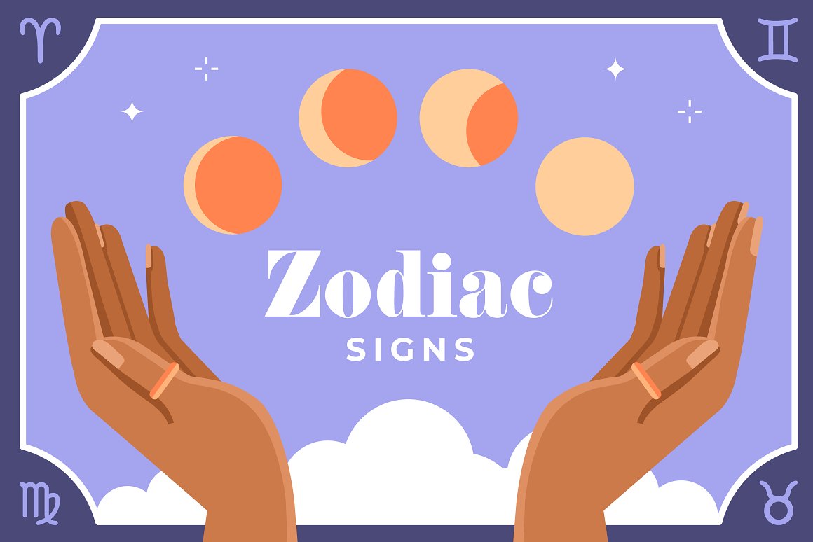 White lettering "Zodiac Signs" and hands on a blue background.