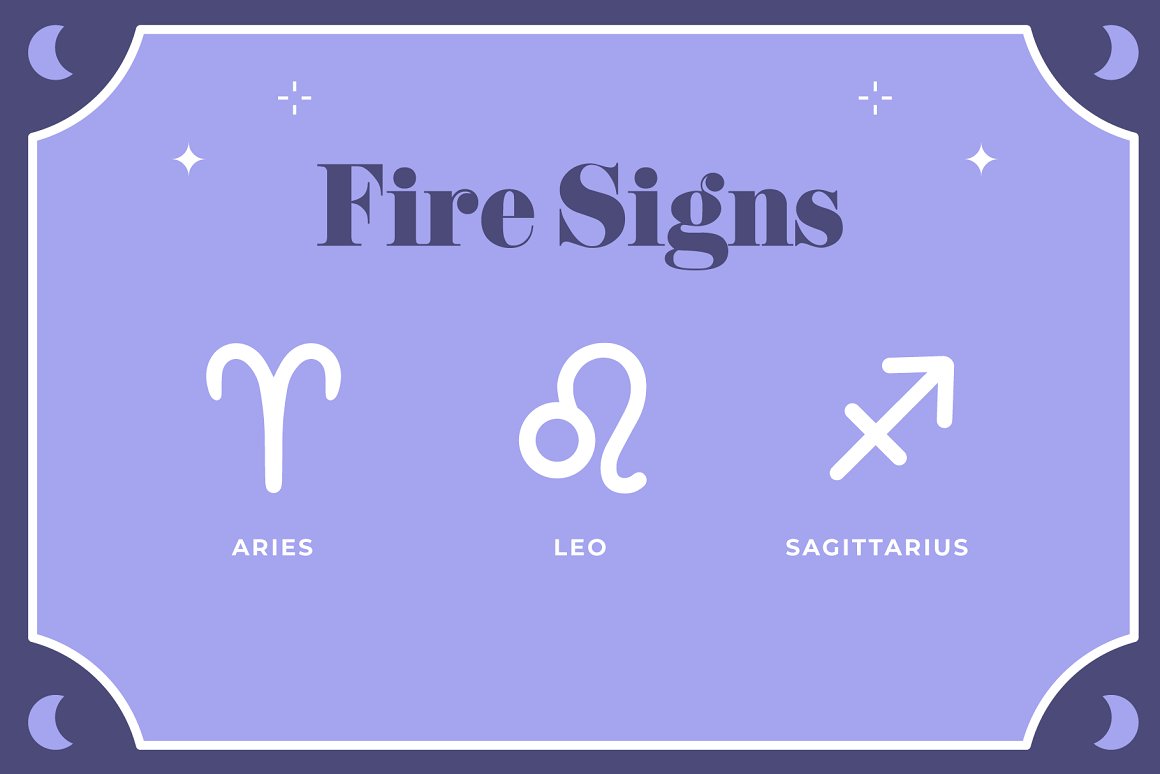 3 white zodiac signs - Aries, Leo and Sagittarius with dark blue lettering "Fire Signs" on a blue background.