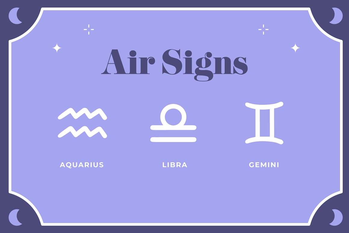 3 white zodiac signs - Aquarius, Libra and Gemini with dark blue lettering "Air Signs" on a blue background.