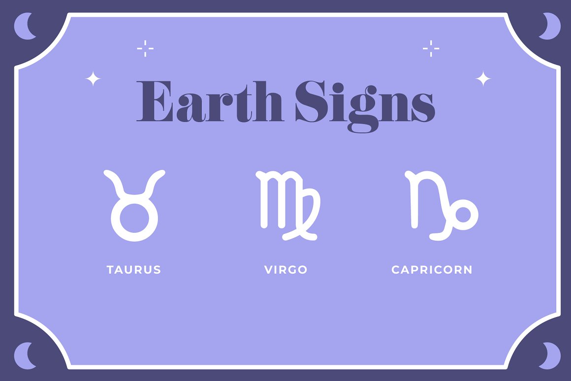 3 white zodiac signs - Taurus, Virgo and Capricorn with dark blue lettering "Earth Signs" on a blue background.