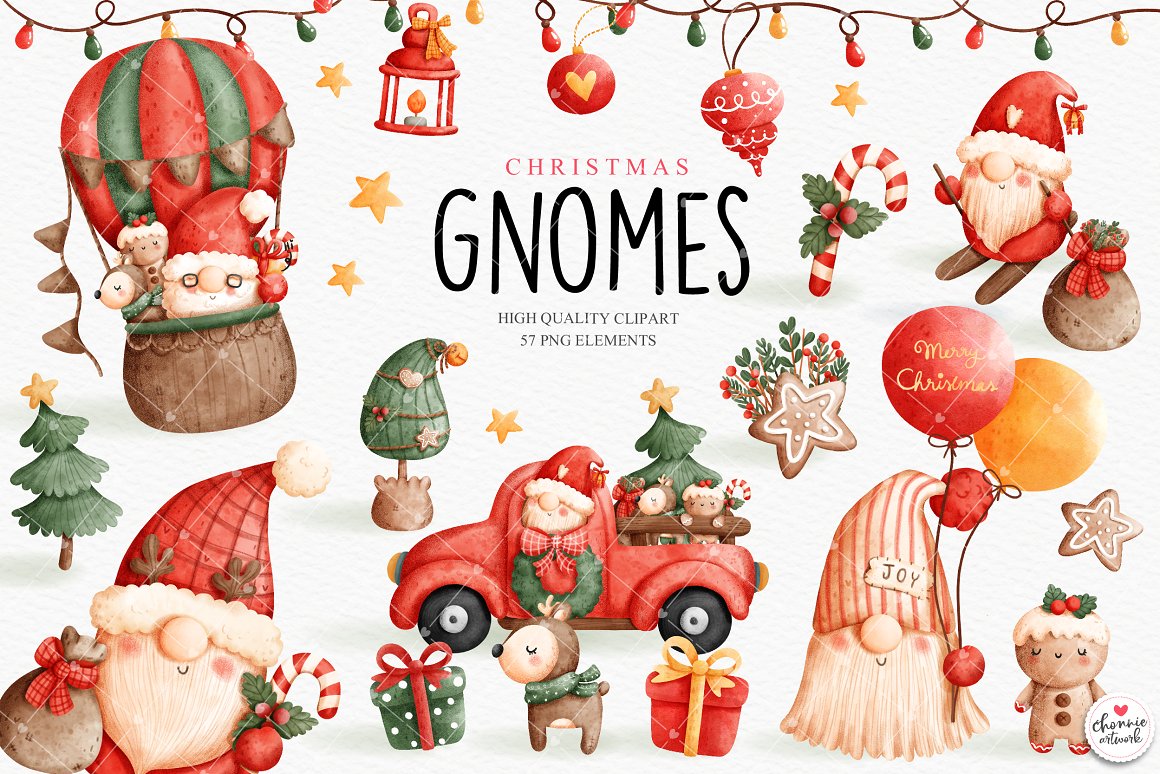 Pink and black lettering "Christmas Gnome" and different illustrations of gnome on a white background.