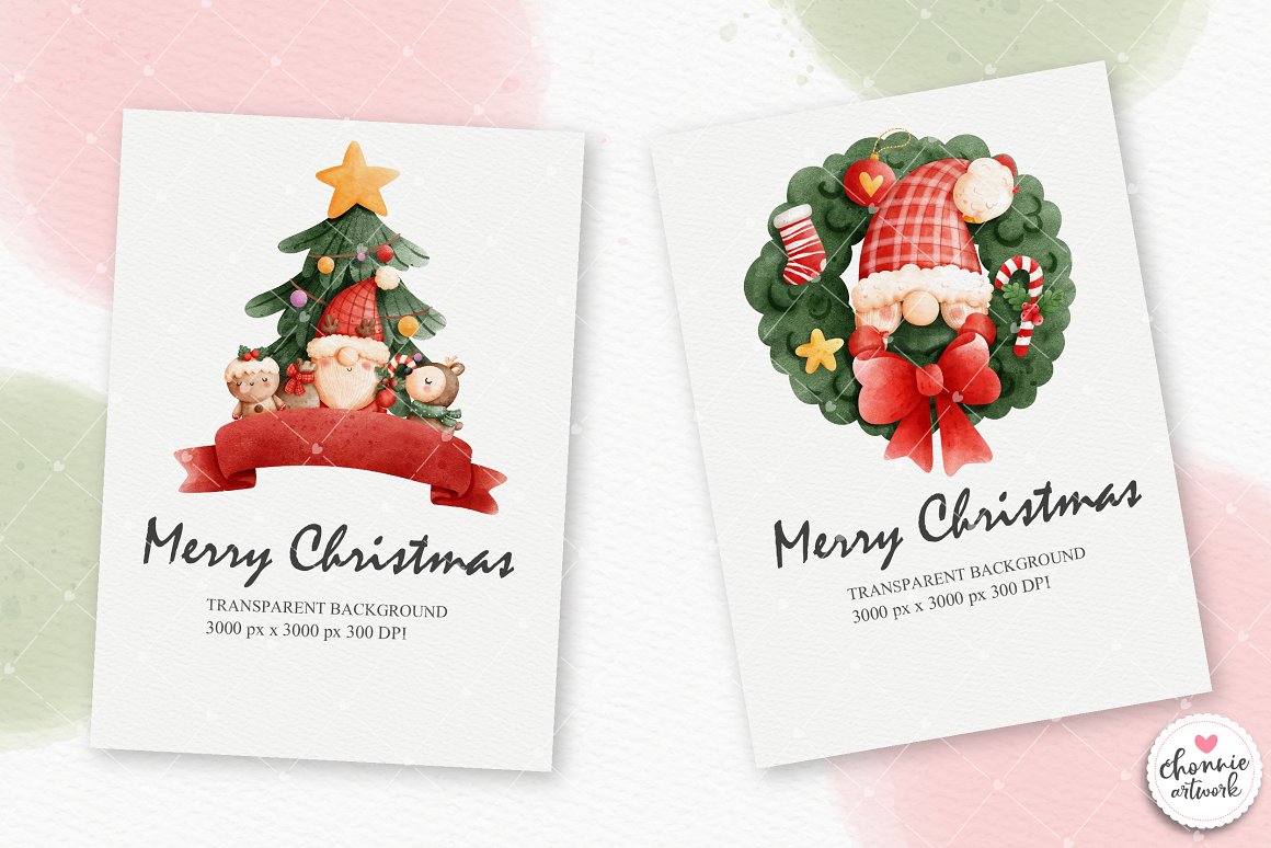 2 white greeting cards with black lettering "Merry Christmas" and christmas illustration.