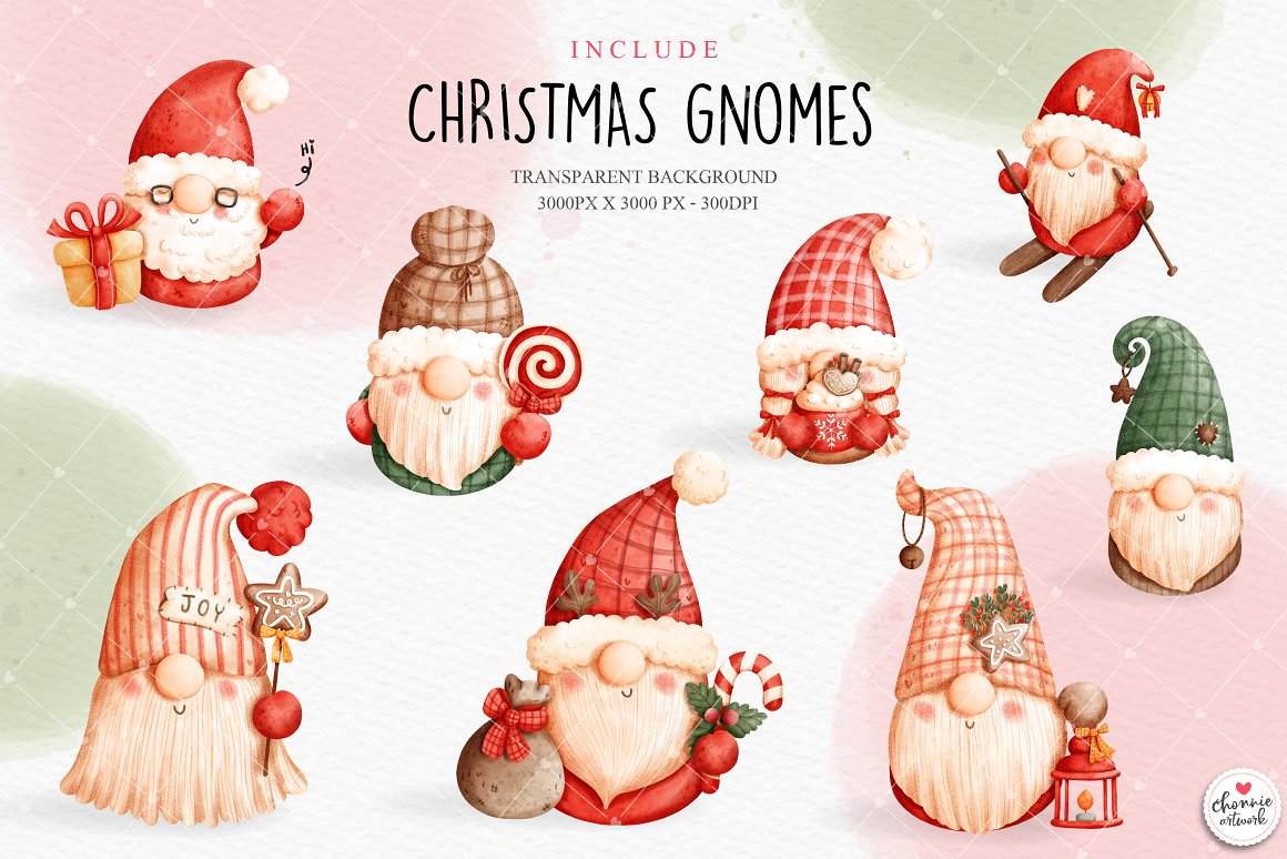 A set of 8 different illustrations of a gnome on a watercolor background.