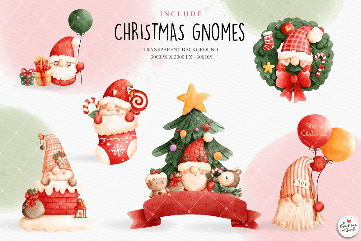 A set of 6 different illustrations of a gnome on a watercolor background.