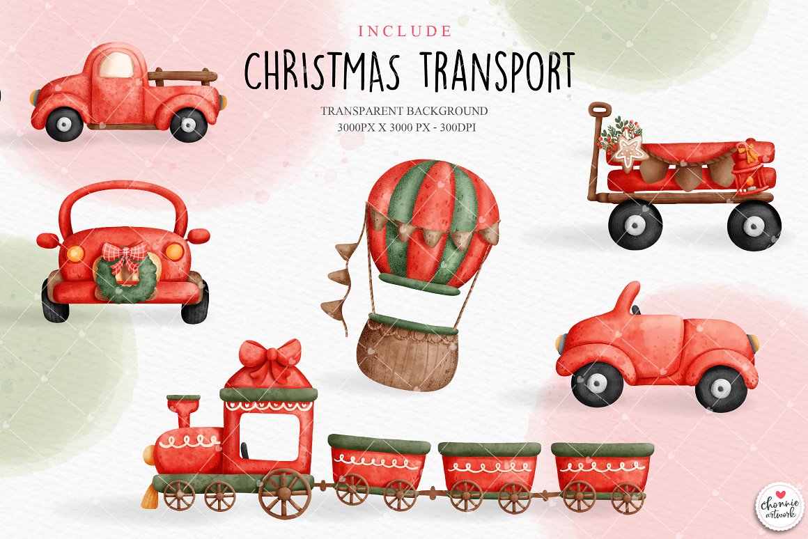 A set of 6 different illustrations of a christmas transport on a watercolor background.