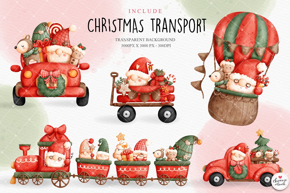A set of 5 different illustrations of a christmas transport on a watercolor background.