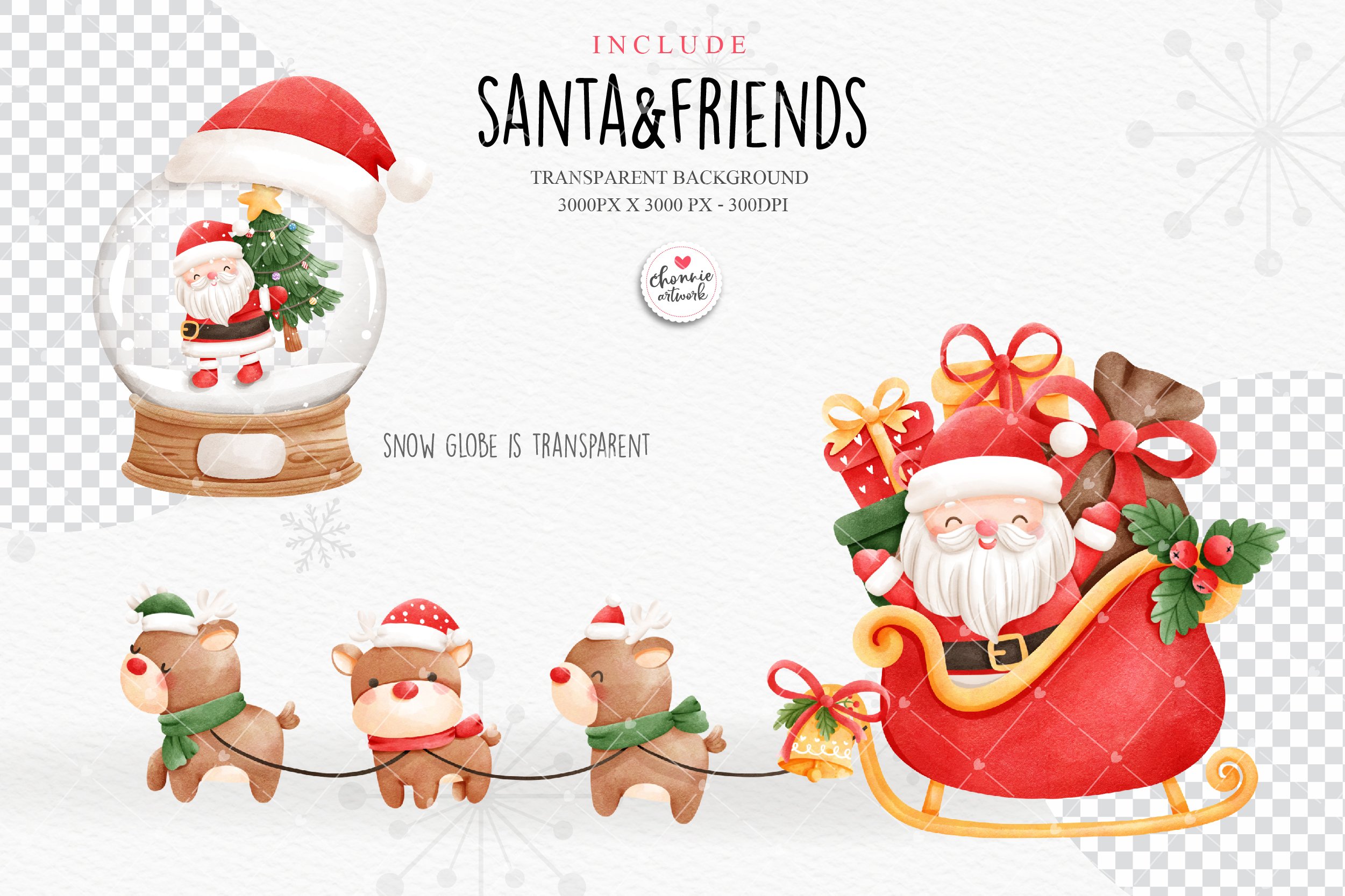 So cool winter illustration with Santa and his friends.