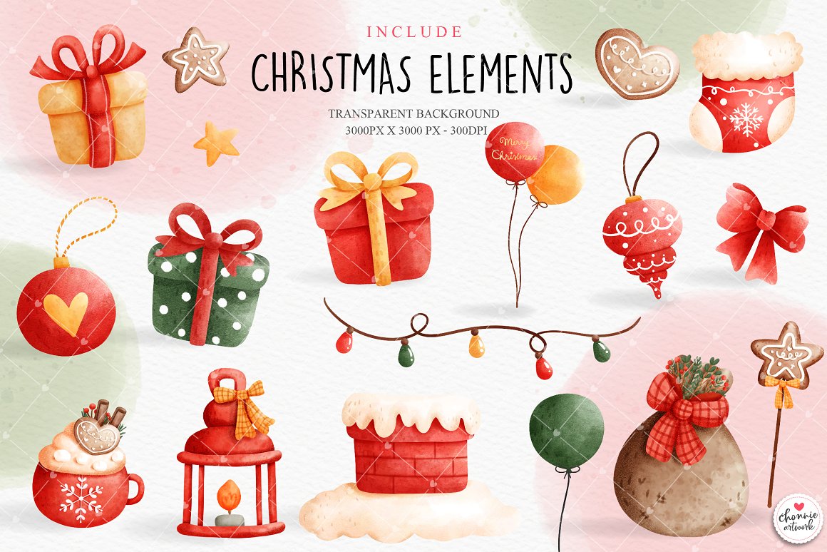 A set of 16 different illustrations of a christmas elements on a watercolor background.