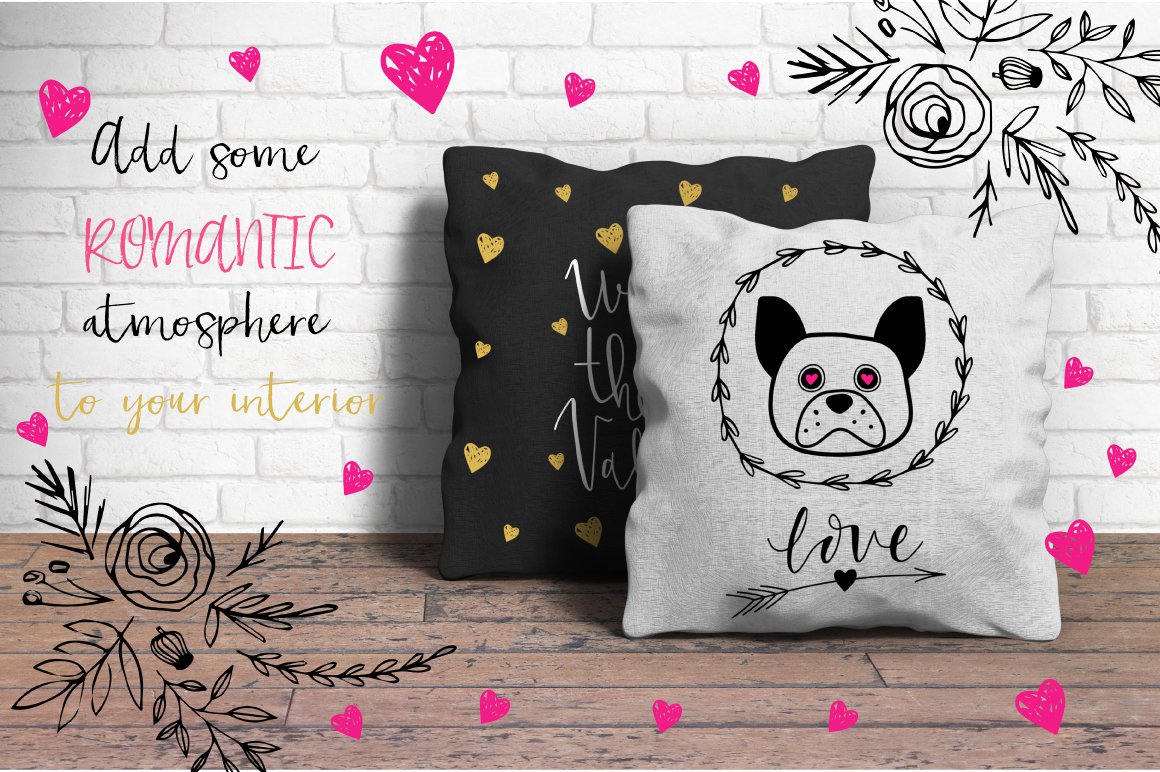Two decorate pillows with the cute dog and hearts.