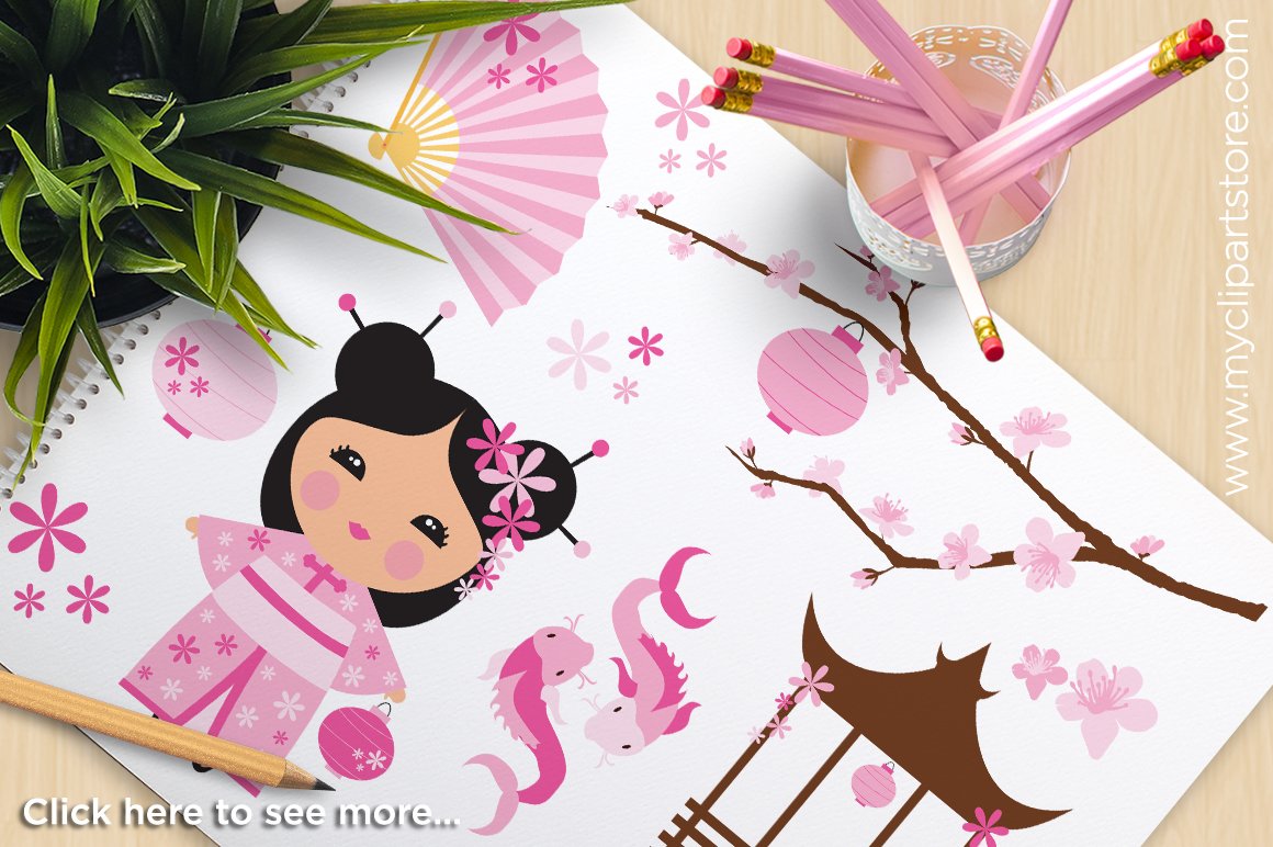 Pink clipart with illustrations of kokeshi and lotus flower on landscape sheet.