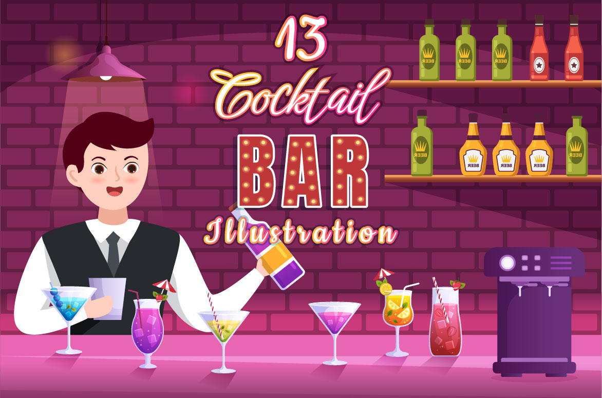 Unique cartoon image of night cocktail bar.