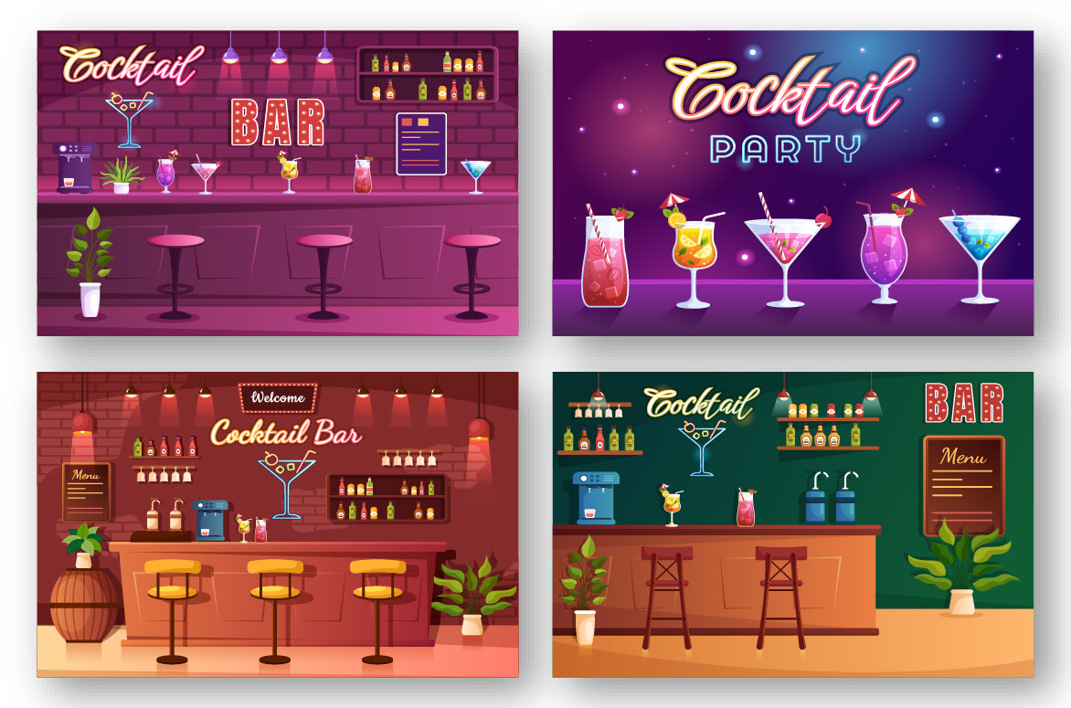 A collection of adorable cartoon images of nightly cocktail bars.