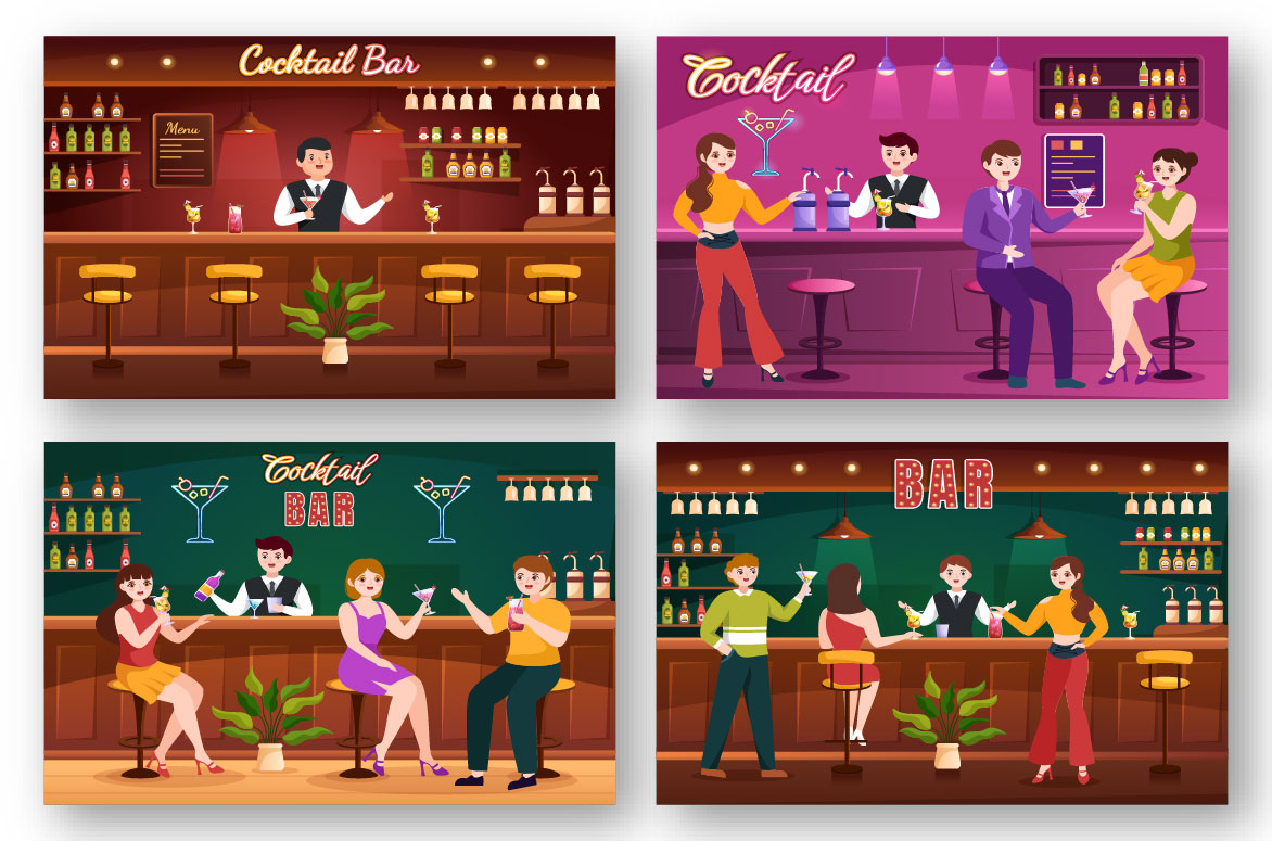 Set of enchanting cartoon images of nightly cocktail bars.