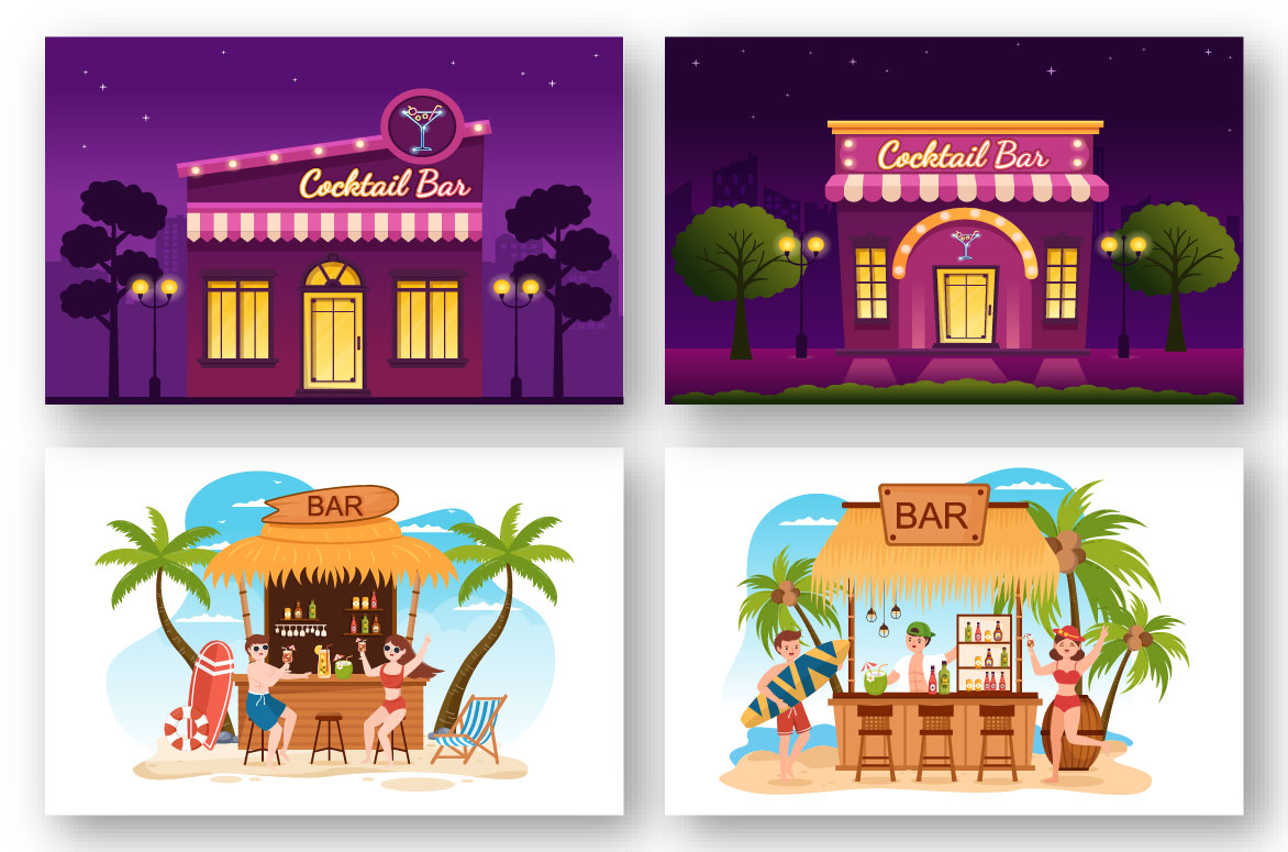 A selection of amazing cartoon images of night and beach cocktail bars.